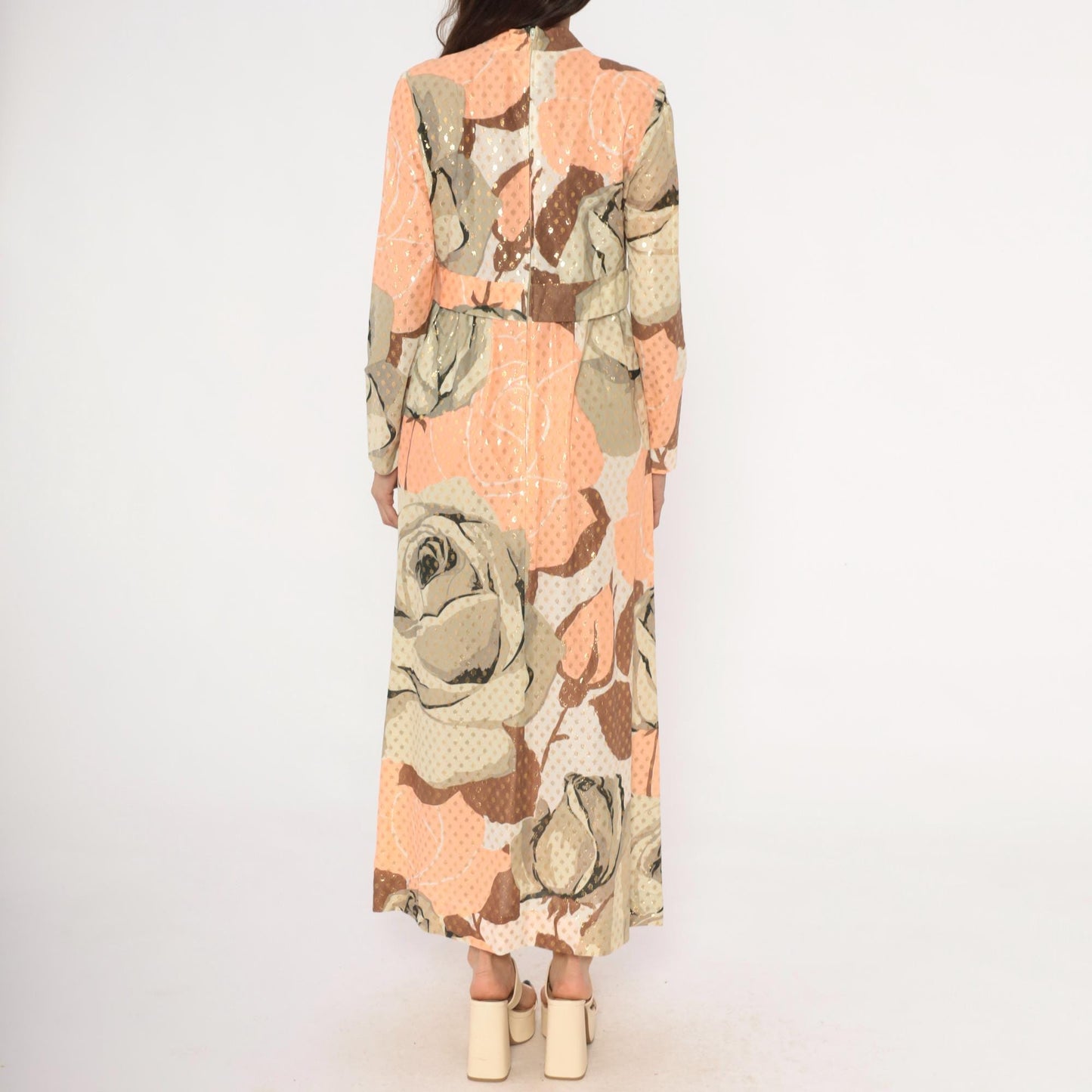 70s Rose Print Maxi Dress Gold Metallic Dots Long Sleeve Peach Taupe Chiffon Medium