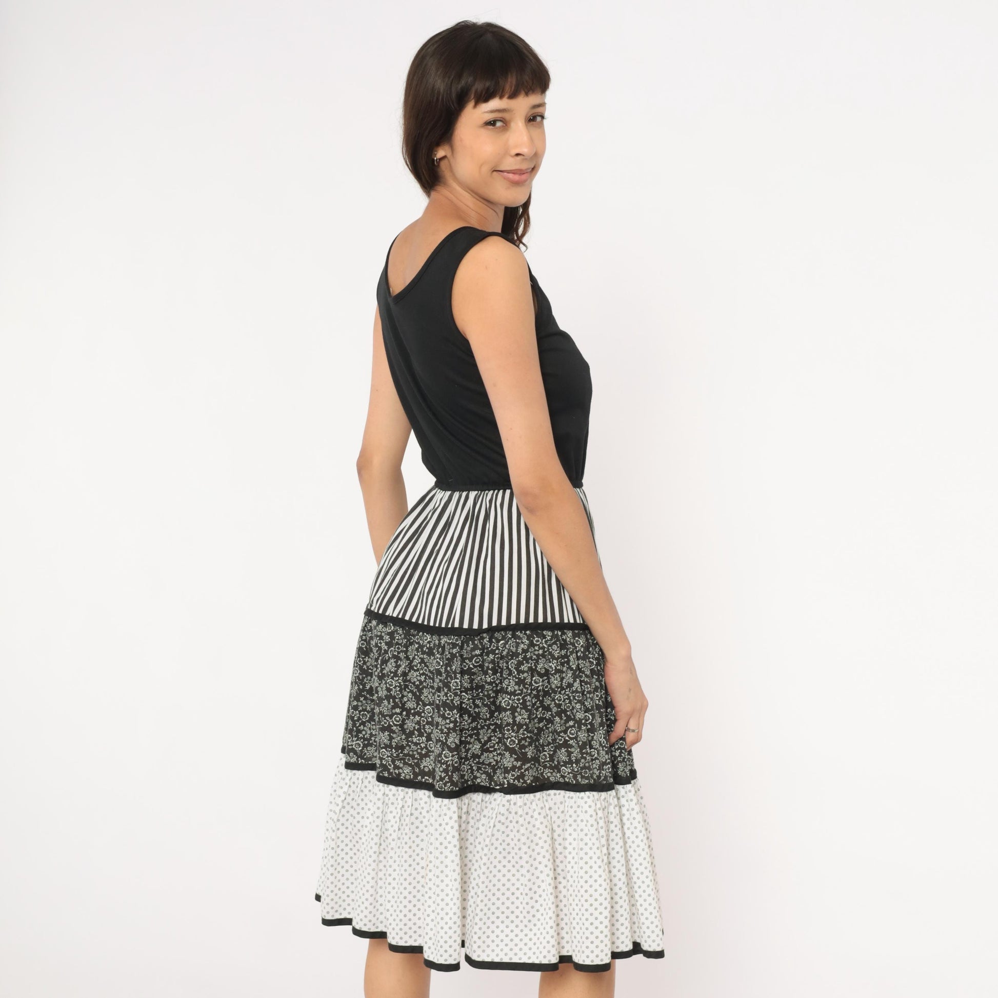 80s Mixed Print Tiered Sundress Black White Floral Striped Polka Dot Medium