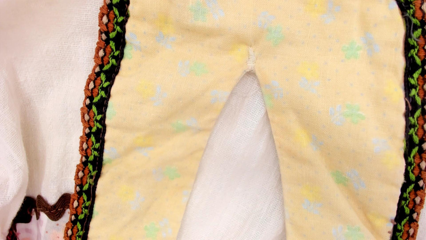 70s Patchwork Hood Maxi Dress White Linen V Neck Bishop Sleeve Small