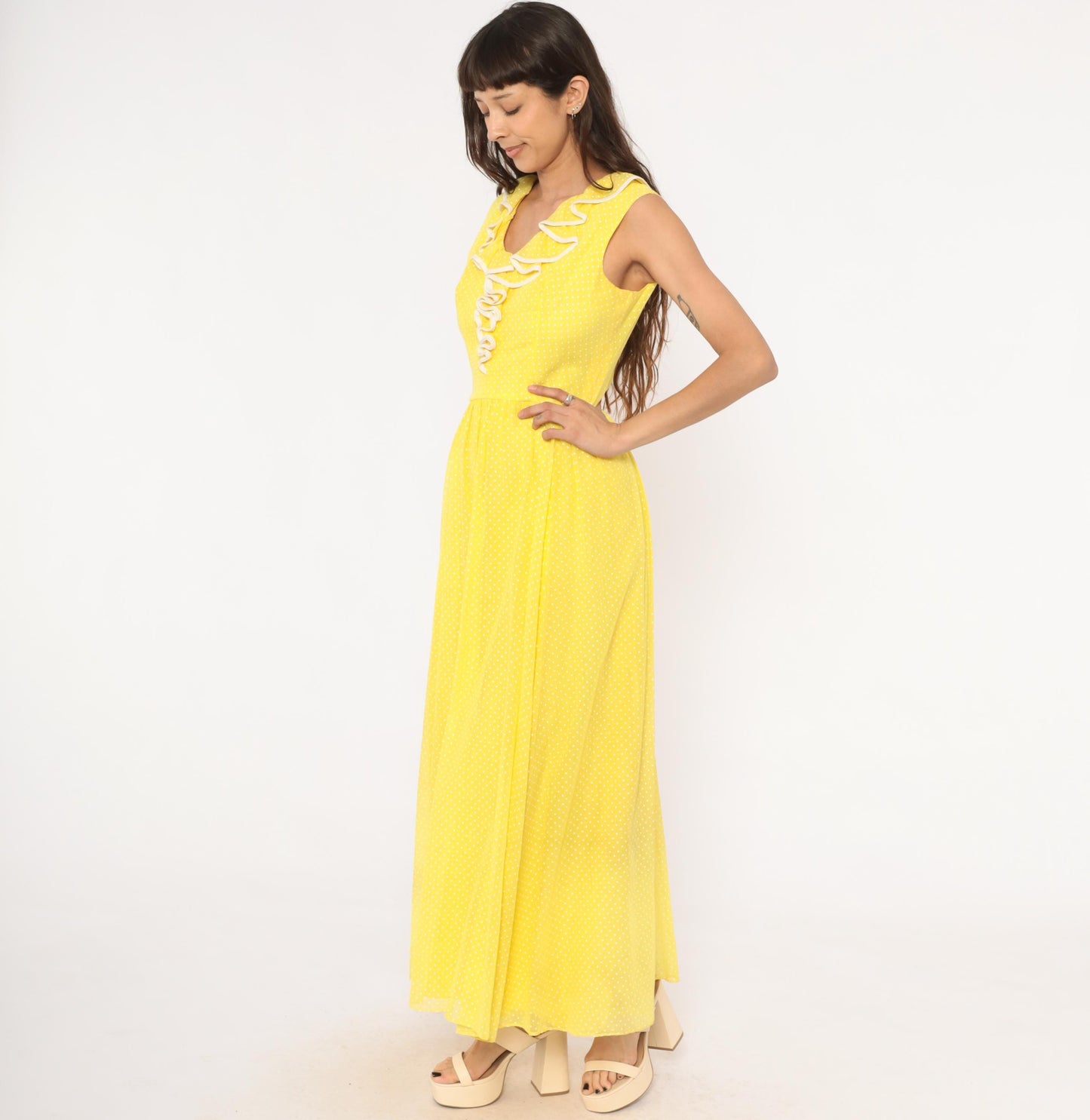 70s Miss Elliette Yellow Polka Dot Maxi Dress Ruffled V-Neck Medium M