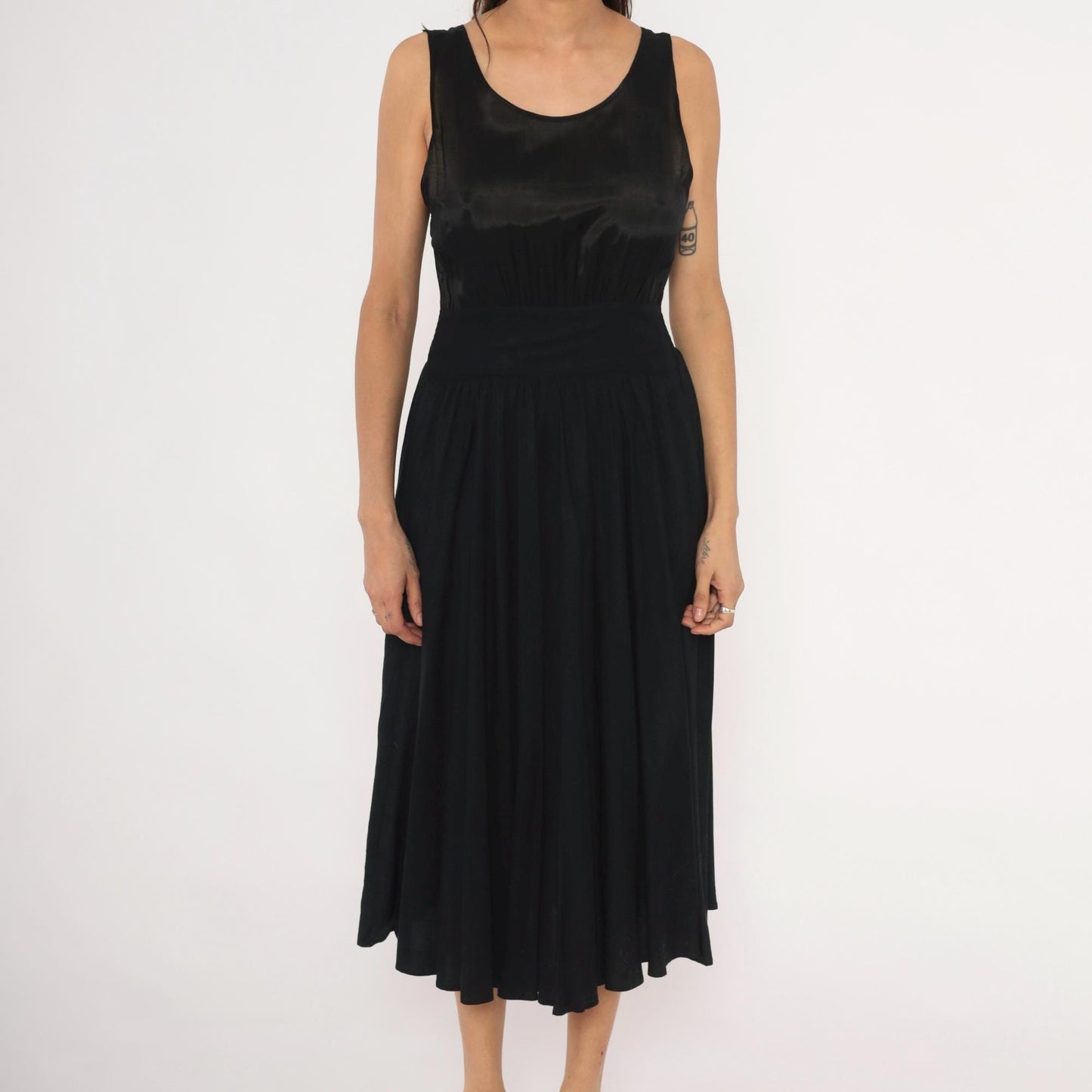 90s Black Satin Bodice Midi Dress Sleeveless Scoop Neck Flared Skirt Small