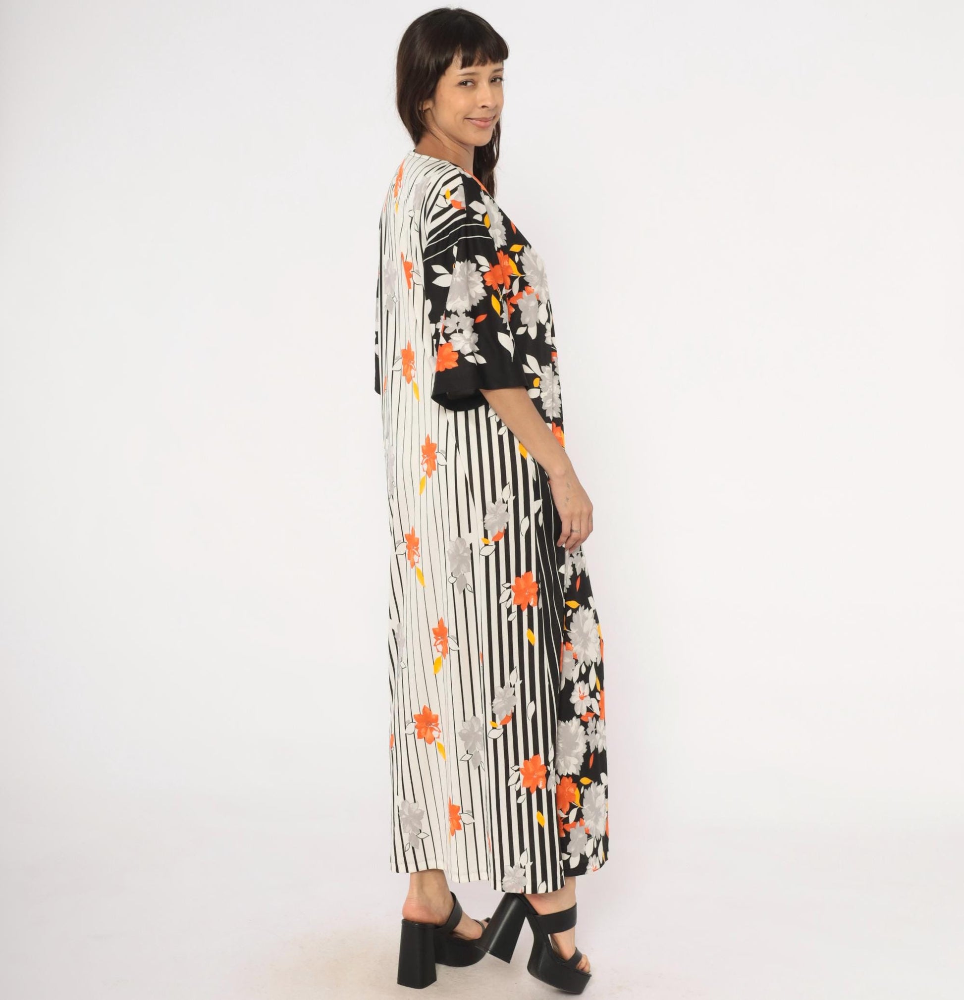 70s Miss Tique California Floral Kaftan Maxi Dress Black Orange Medium M