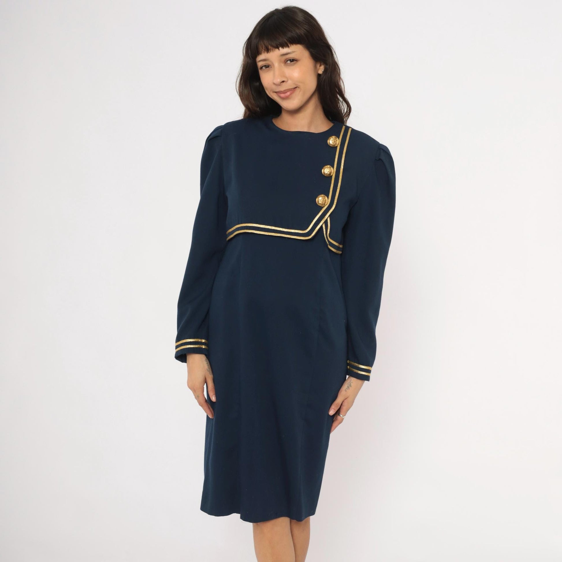 80s Jessica Howard Navy Dress Gold Braid Military Knee-Length Puff Sleeve Medium M