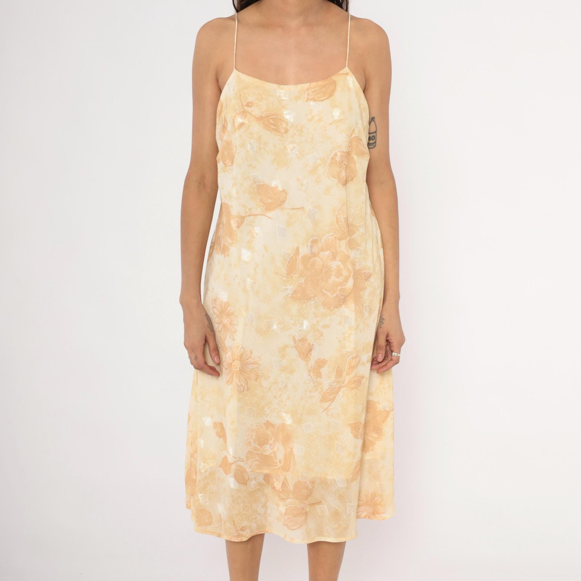 00s Dress-U-Ii Gold Floral Slip Dress Midi Cream Rose Print Spaghetti Strap Large L