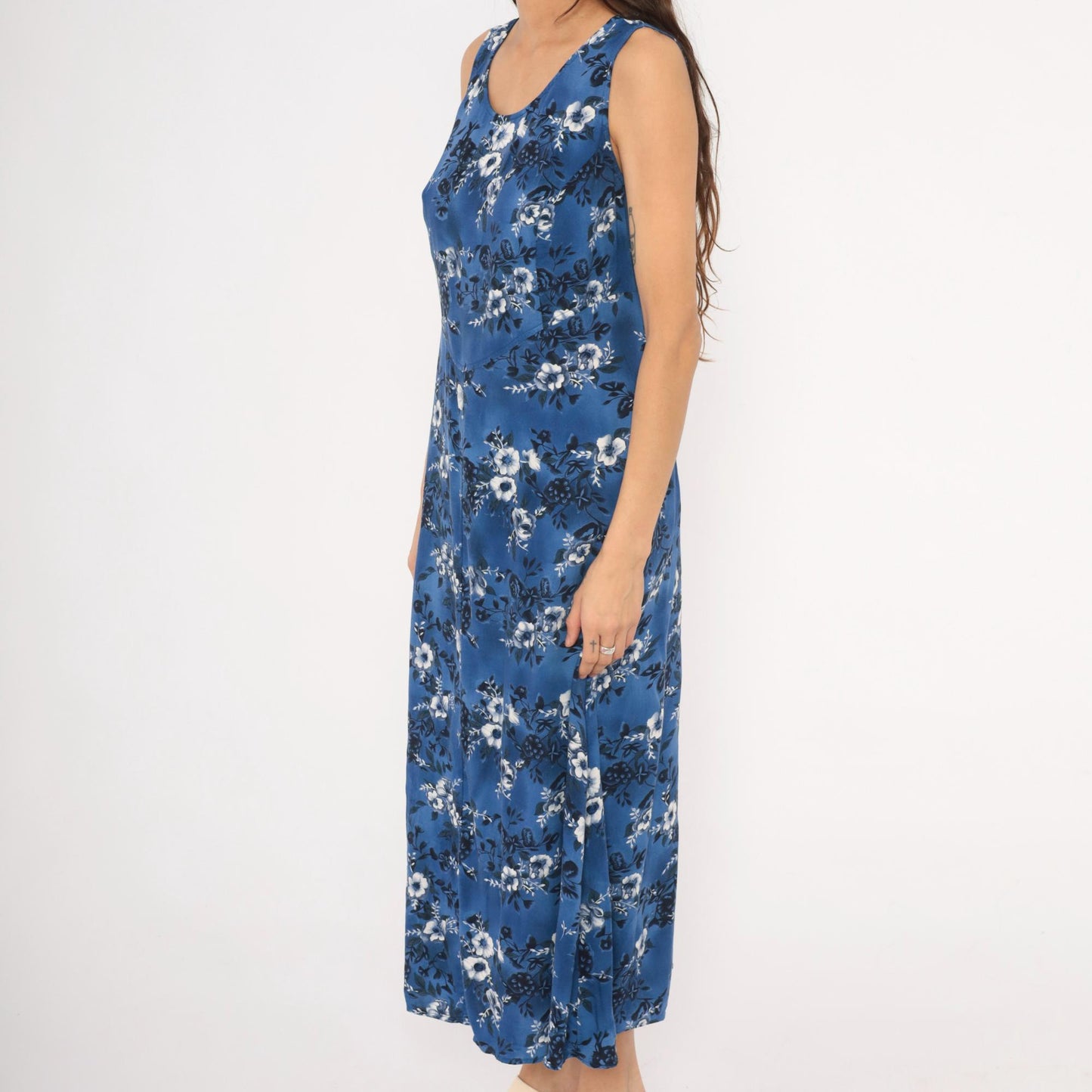 90s Molly Malloy Blue Floral Maxi Dress Sleeveless A-Line Small