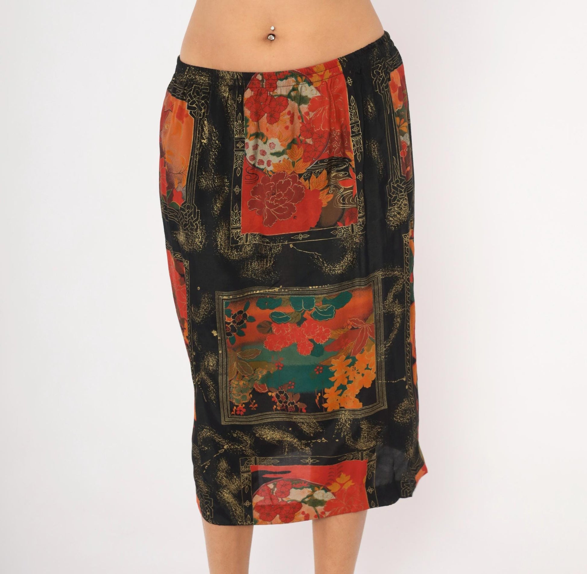 80s Japanese Floral Pencil Skirt Black Red Teal Gold Peonies Midi Medium Large