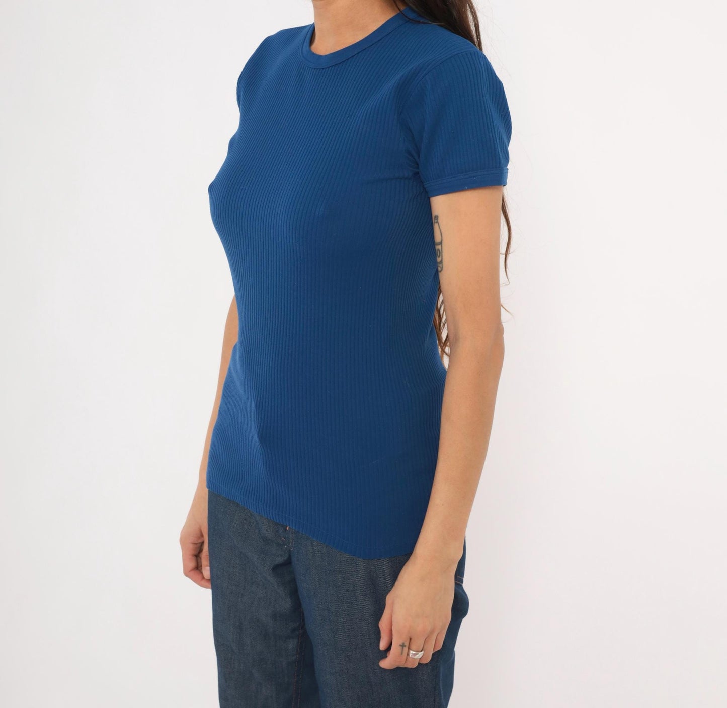 70s St Michaels Cobalt Ribbed Knit Crew Neck Tee Short Sleeve Small Medium