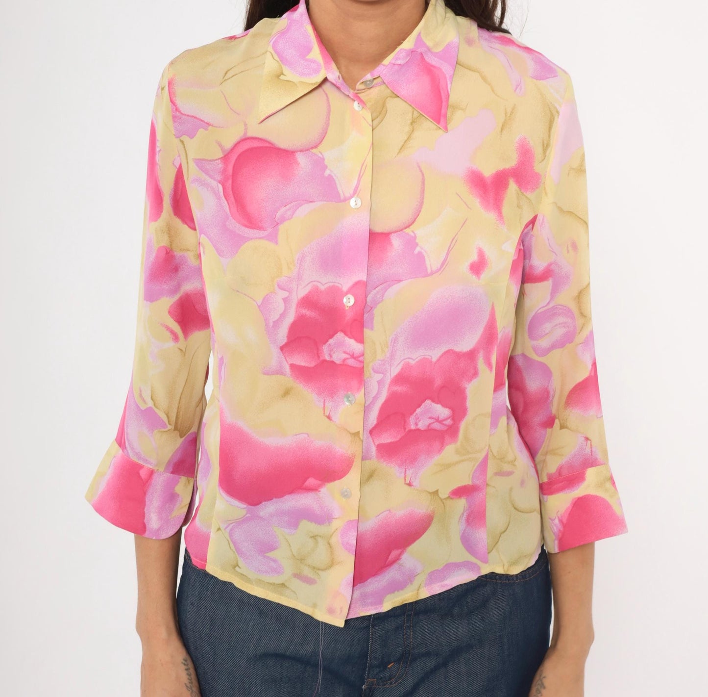 90s Caviar Watercolor Floral Sheer Blouse Pink Pointed Collar Small