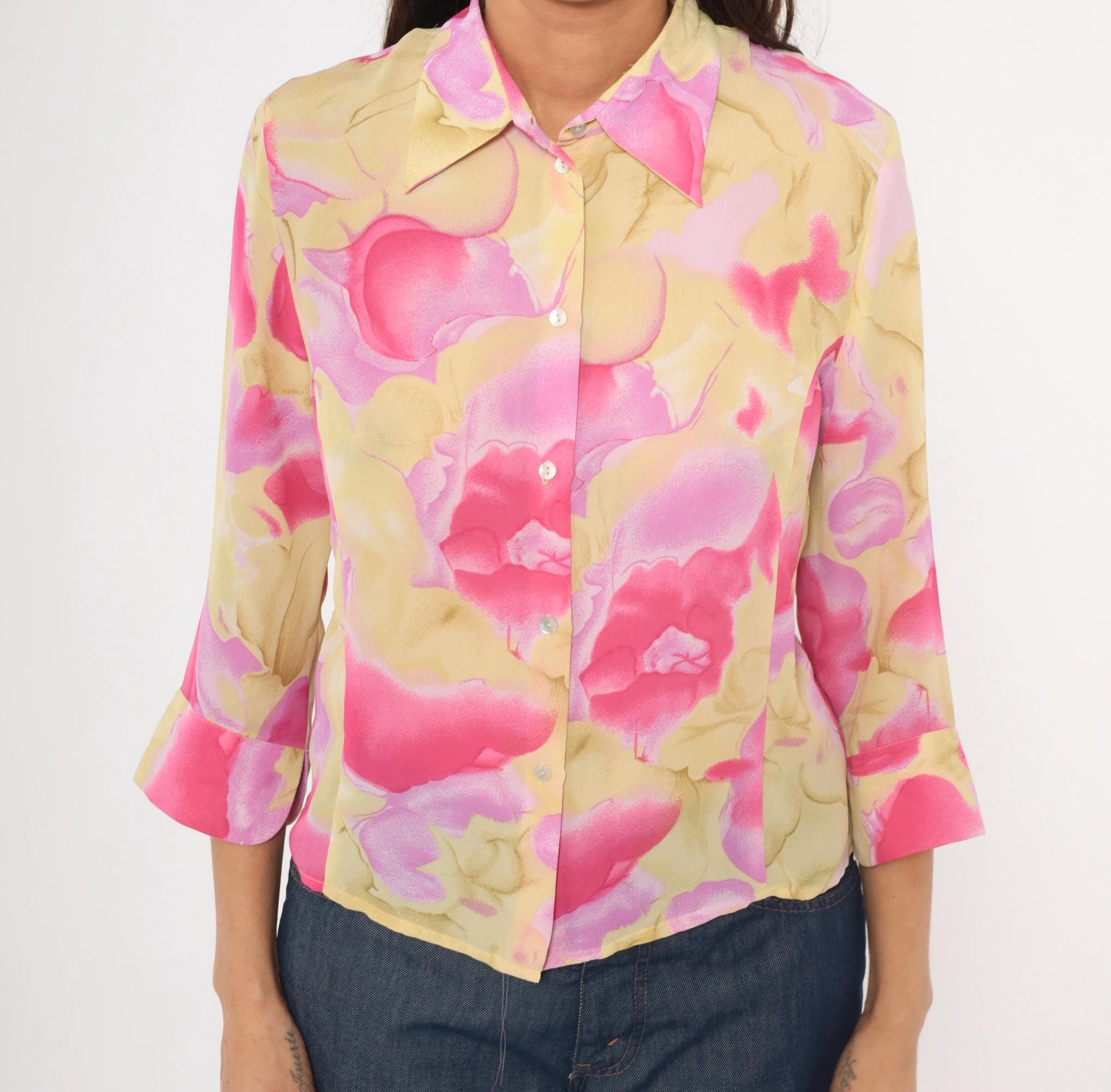 90s Caviar Watercolor Floral Sheer Blouse Pink Pointed Collar Small