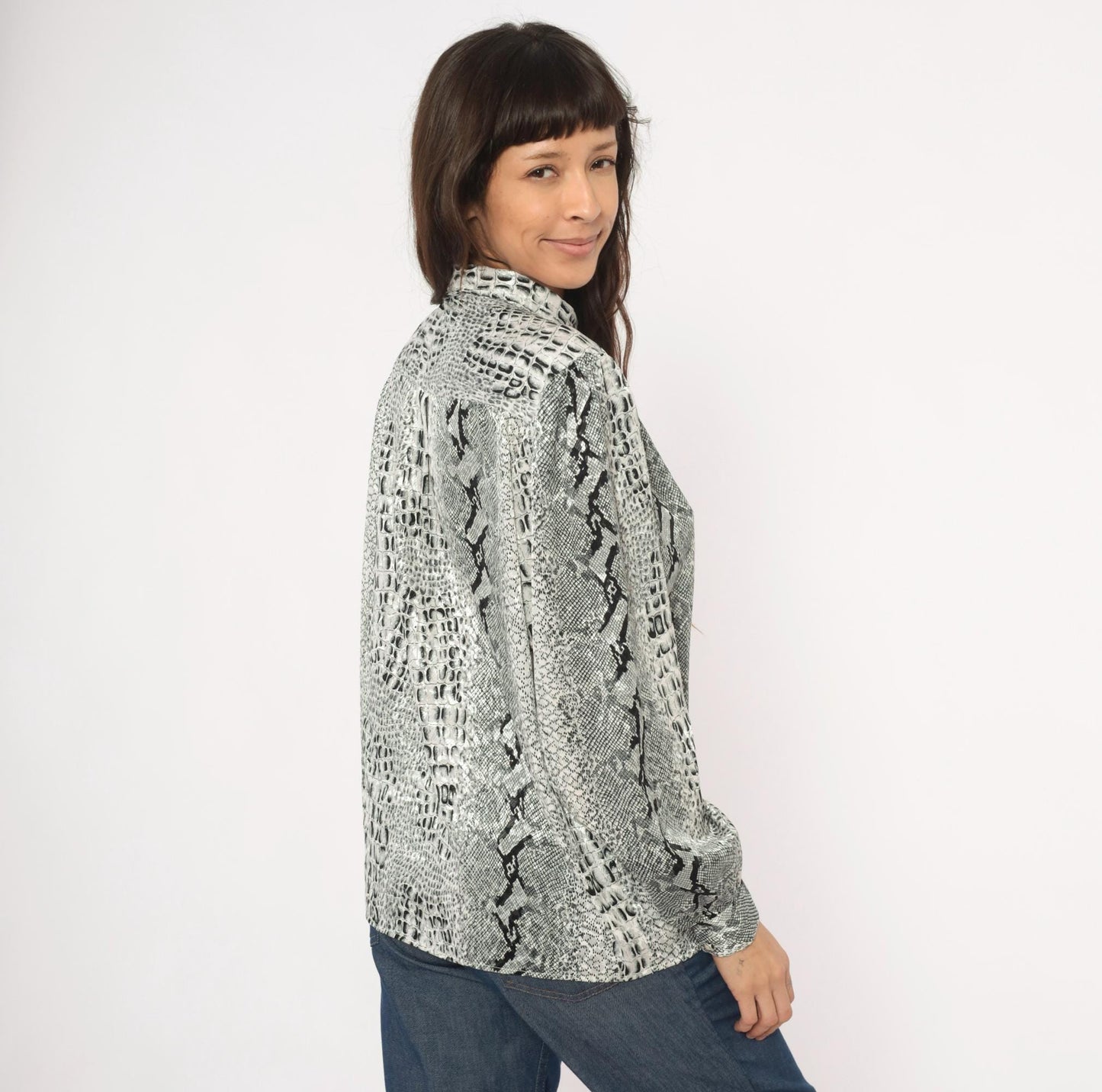 90s Tess Snakeskin Print Blouse Silver Grey Python Reptile Medium M