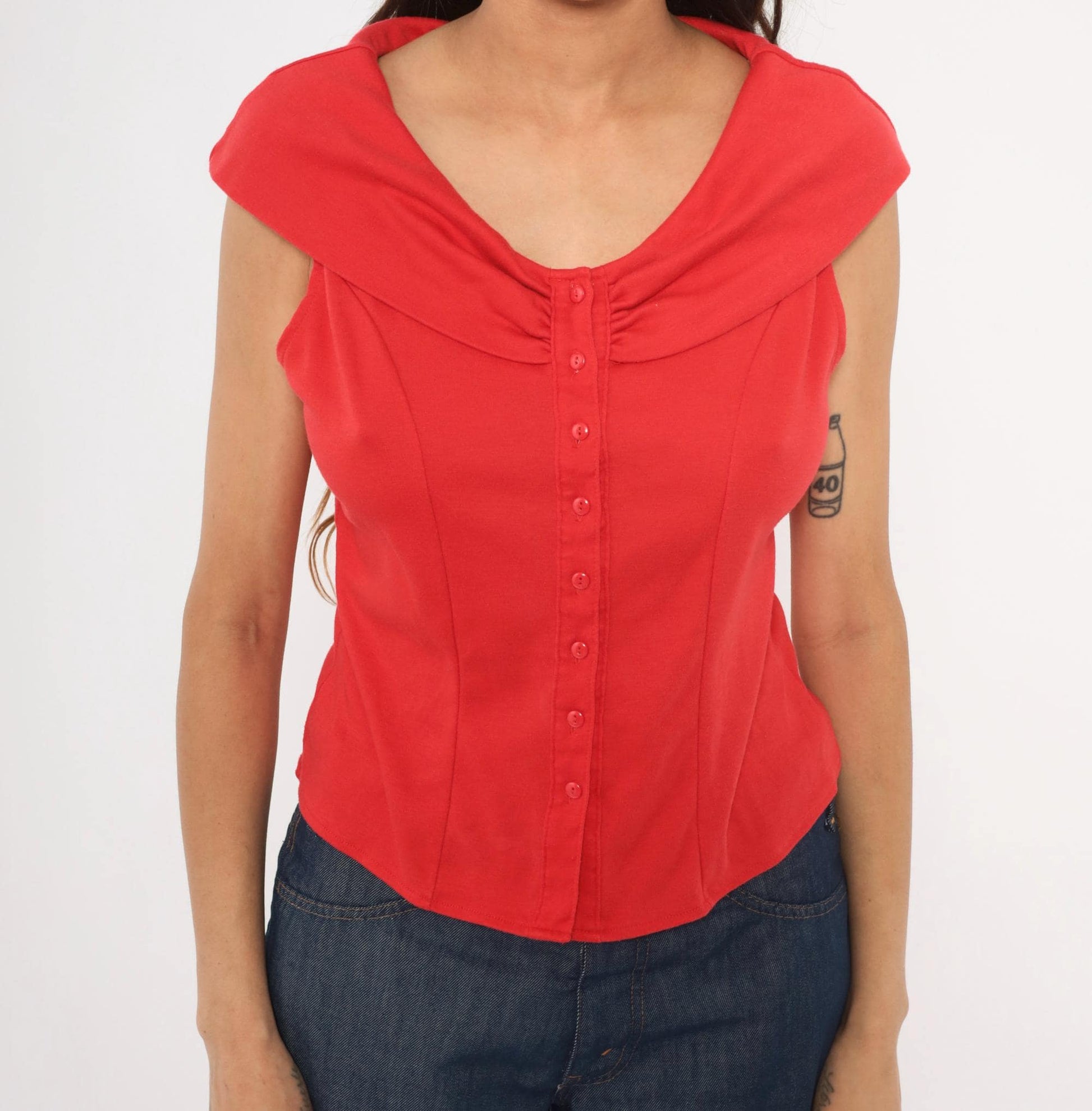 90s Dirty Dancing Red Button Front Blouse Cowl Neck Cap Sleeve Fitted Large L