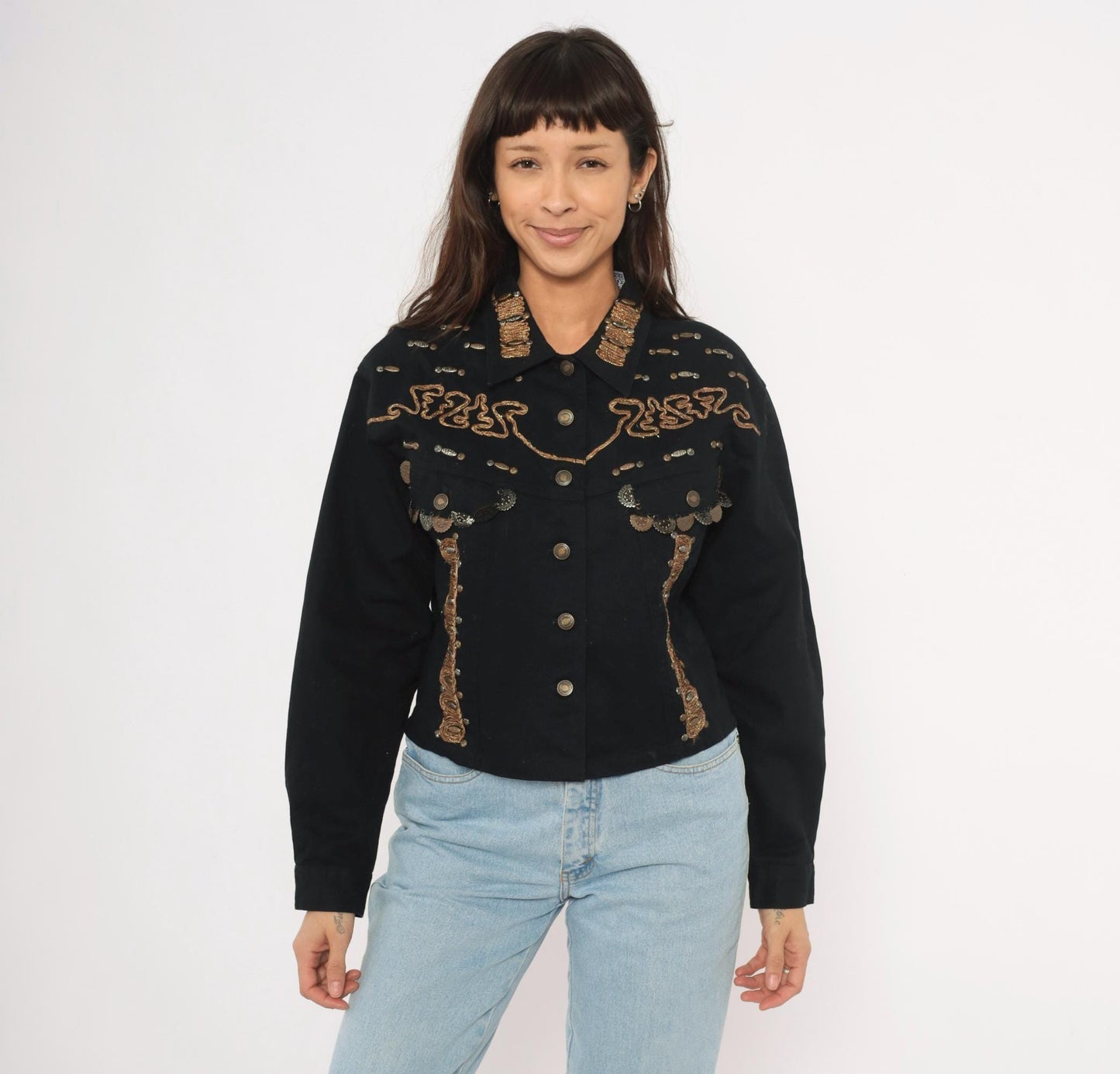 90s Styleworks Black Denim Jacket Gold Coin Charm Embroidered Cropped Large L