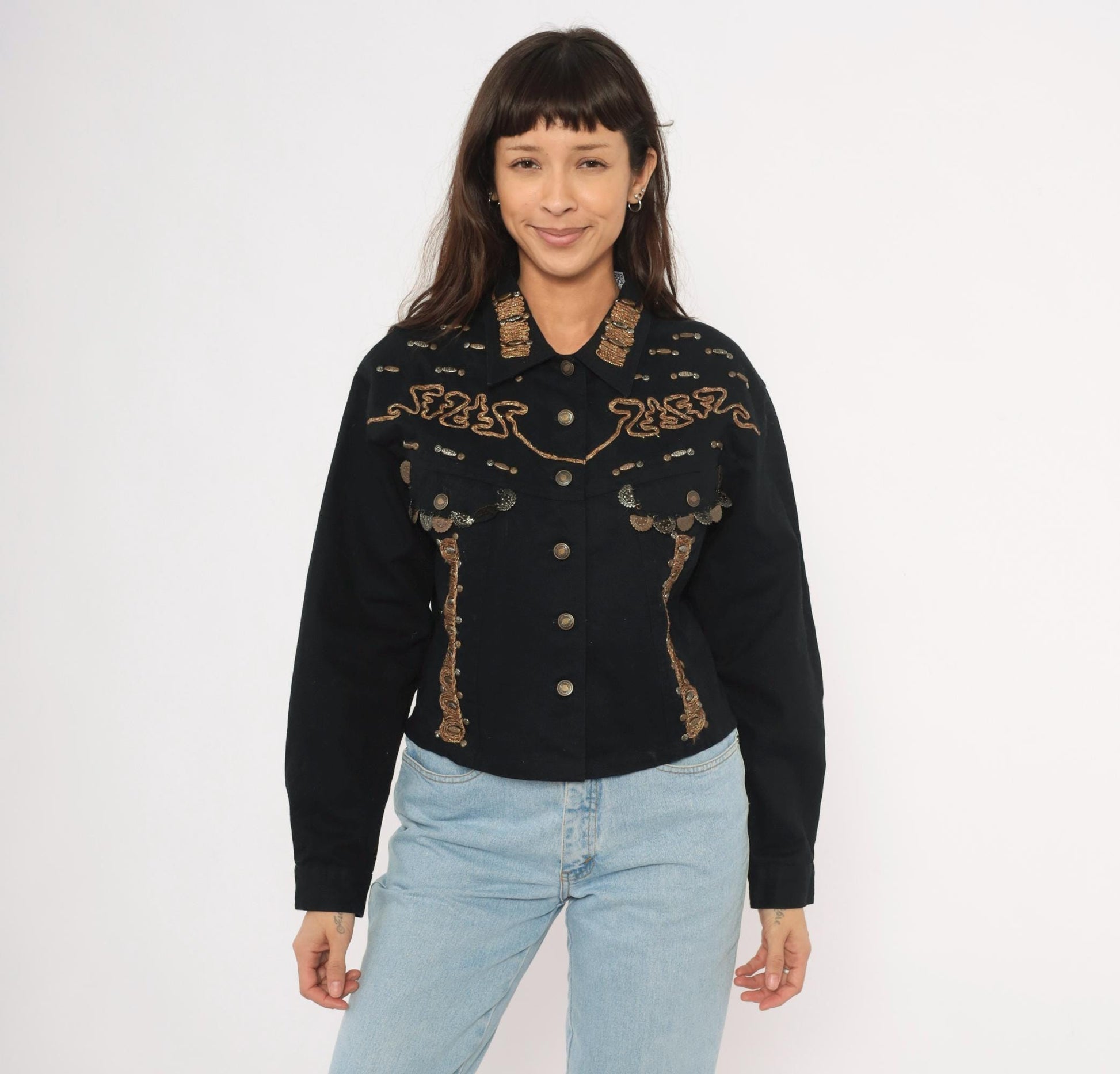 90s Styleworks Black Denim Jacket Gold Coin Charm Embroidered Cropped Large L