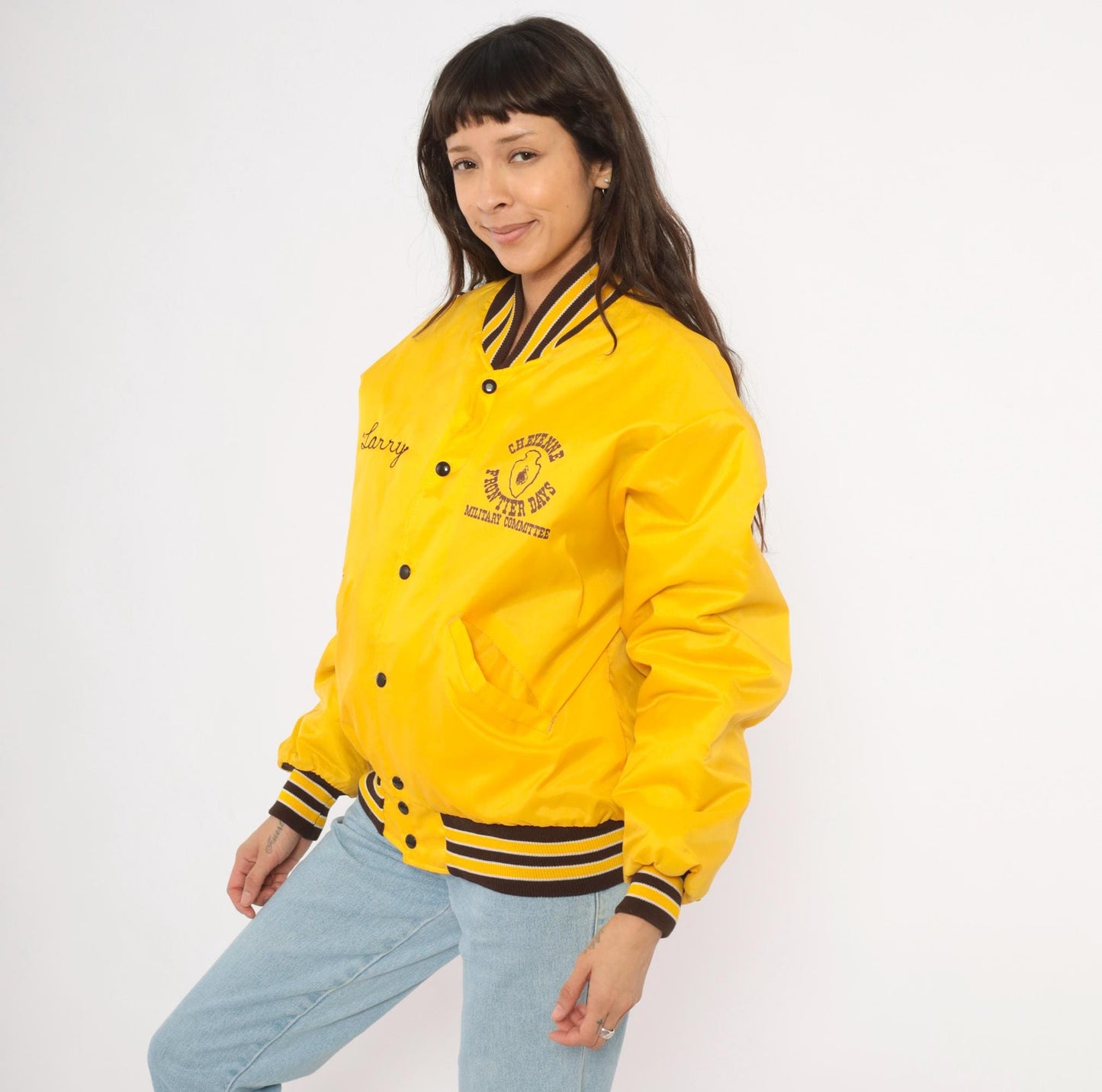 80s DeLong Sportswear Varsity Jacket Gold Nylon Bomber Cheyenne Frontier Days Medium