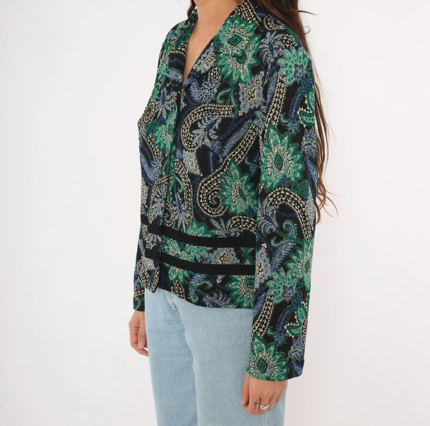 90s K Petite Paisley Blazer Emerald Green Navy Velvet Trim Cropped Large L