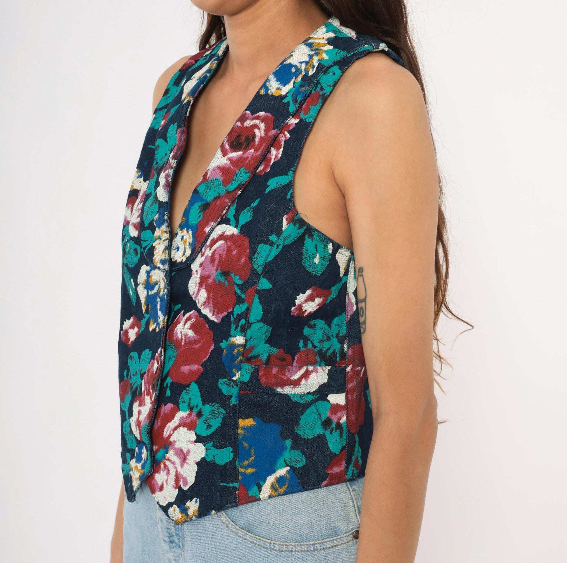 90s Tru-West Floral Denim Vest Navy Rose Teal V-Neck Pointed Hem Extra Small XS