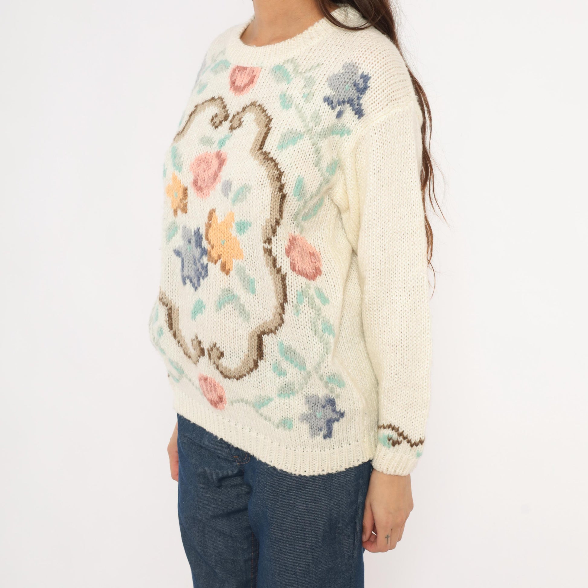 80s Partners by Mervyns Floral Intarsia Knit Crewneck Cream Pink Small