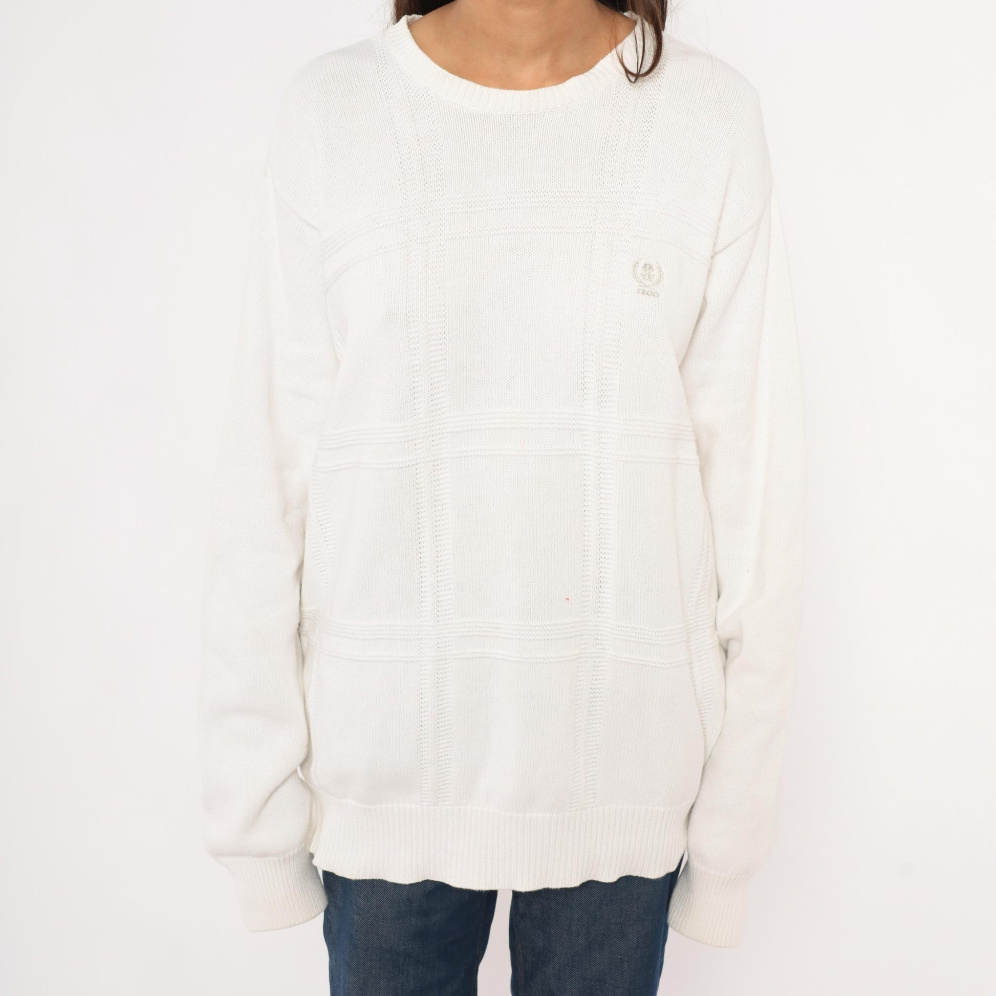90s Izod Cotton Crewneck Sweater White Windowpane Grid Knit Large L