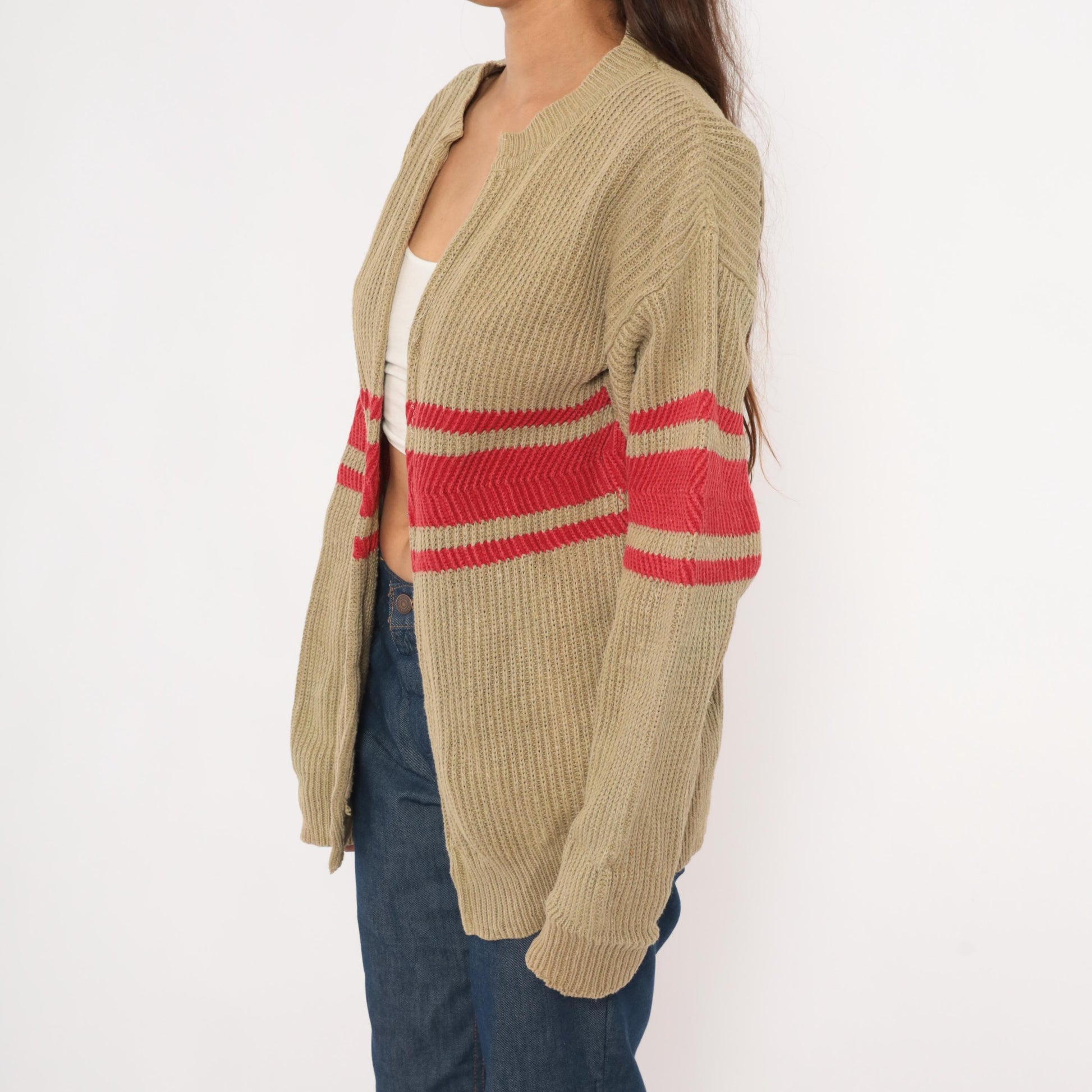 90s GAP Striped Cardigan Tan Red Ribbed Knit Open Front Medium M