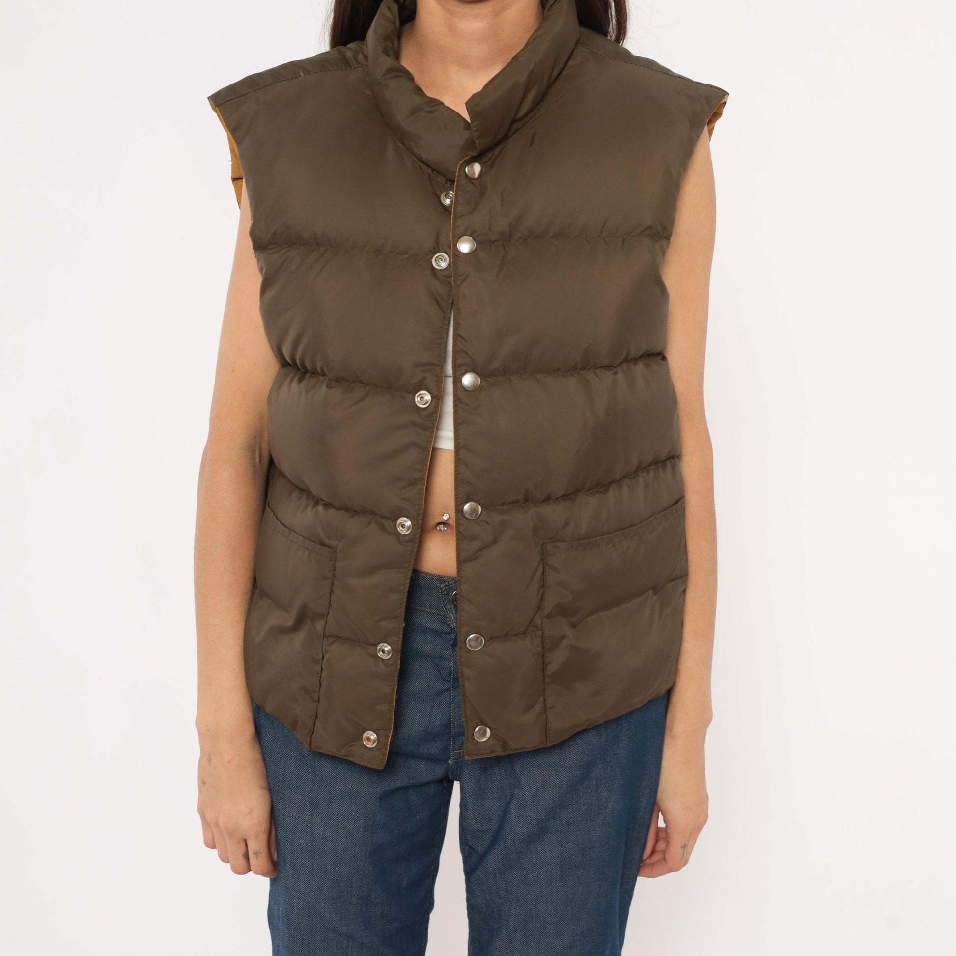 80s Reversible Puffer Vest Brown Mustard Quilted Down Waistcoat Medium
