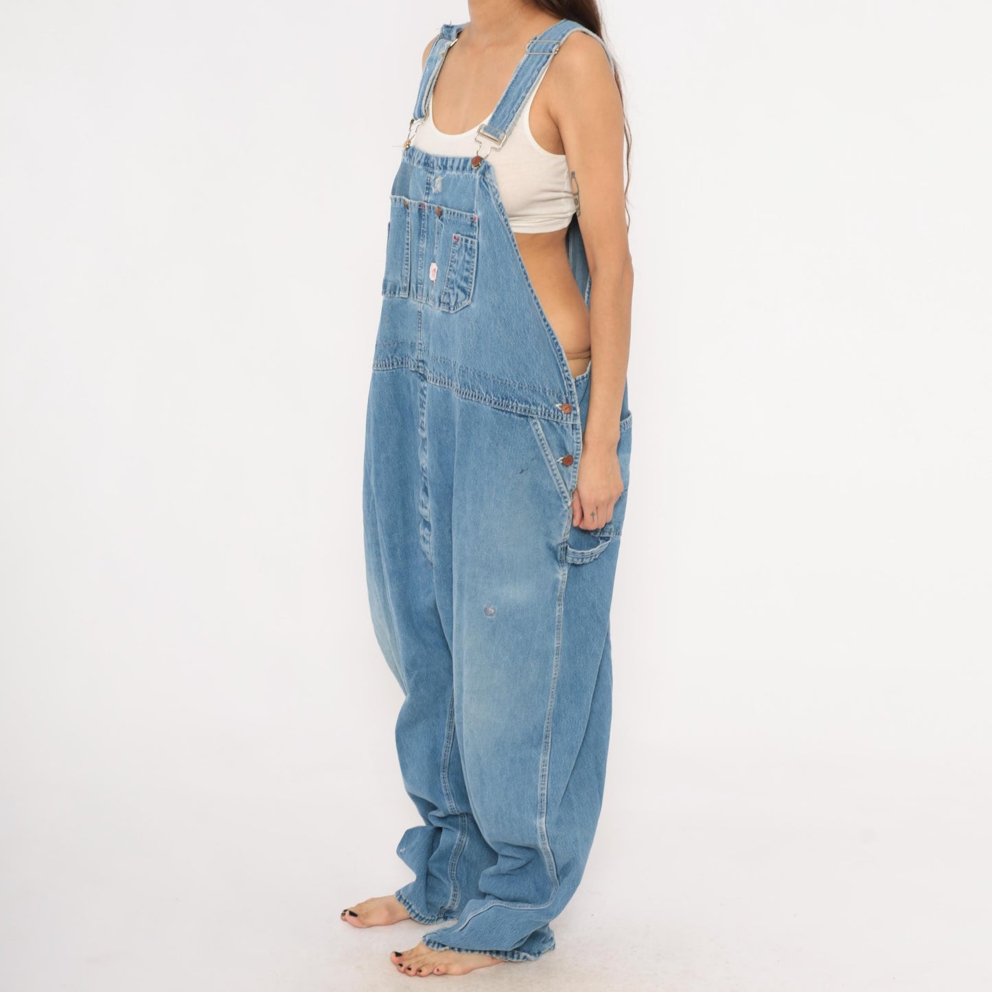 90s Light Wash Denim Bib Overalls Baggy Carpenter Distressed Plus Size XXL