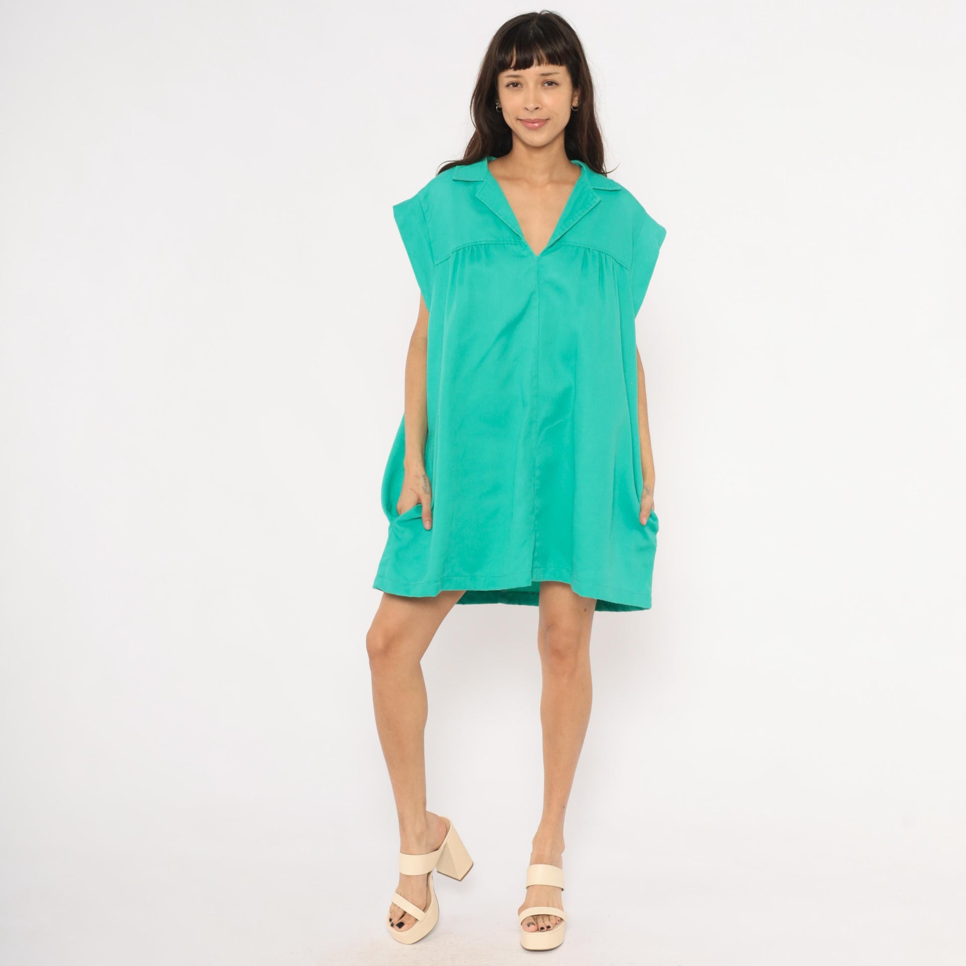 70s Truly Yours Teal Shift Dress Cap Sleeve Mini Cotton Aqua Large XL