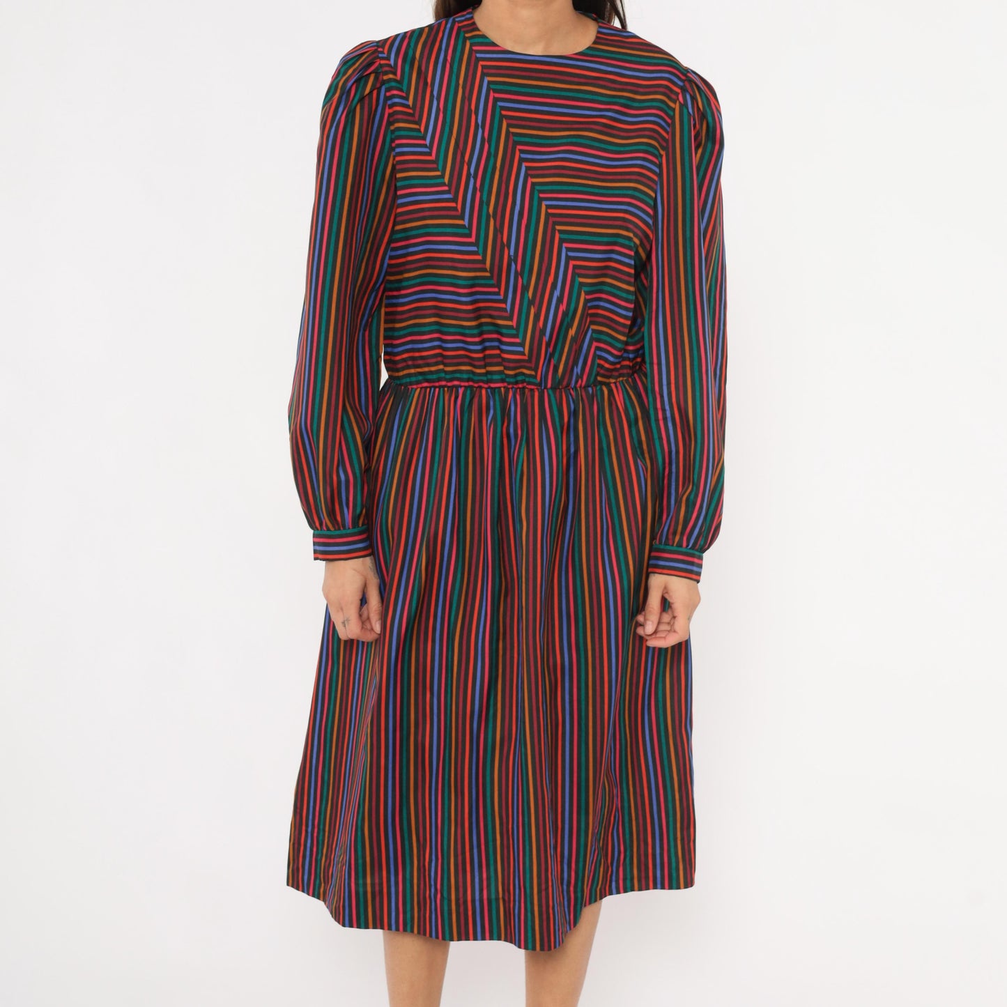 80s DW3 Multicolor Chevron Stripe Dress Puff Sleeve Gathered Waist Large