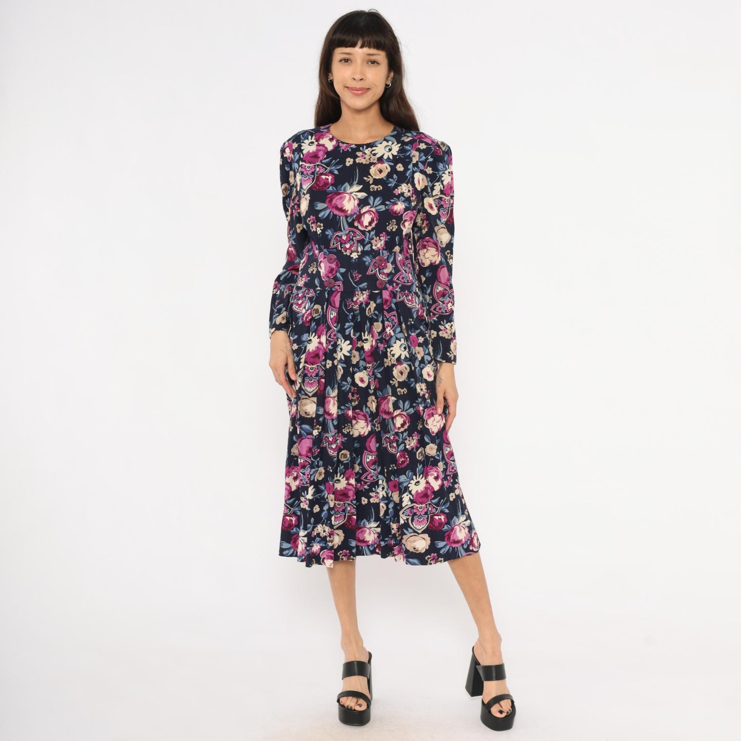 80s Karin Stevens Floral Midi Dress Navy Puff Sleeve Pleated Medium M