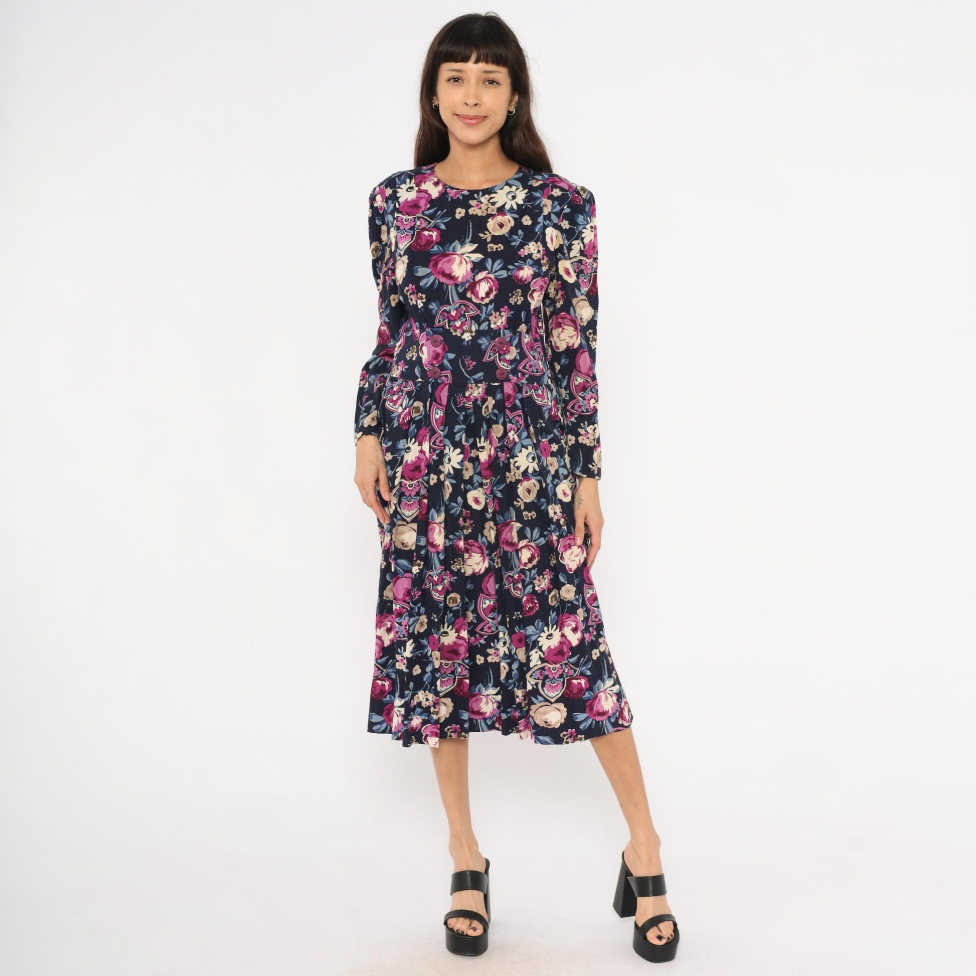 80s Karin Stevens Floral Midi Dress Navy Puff Sleeve Pleated Medium M