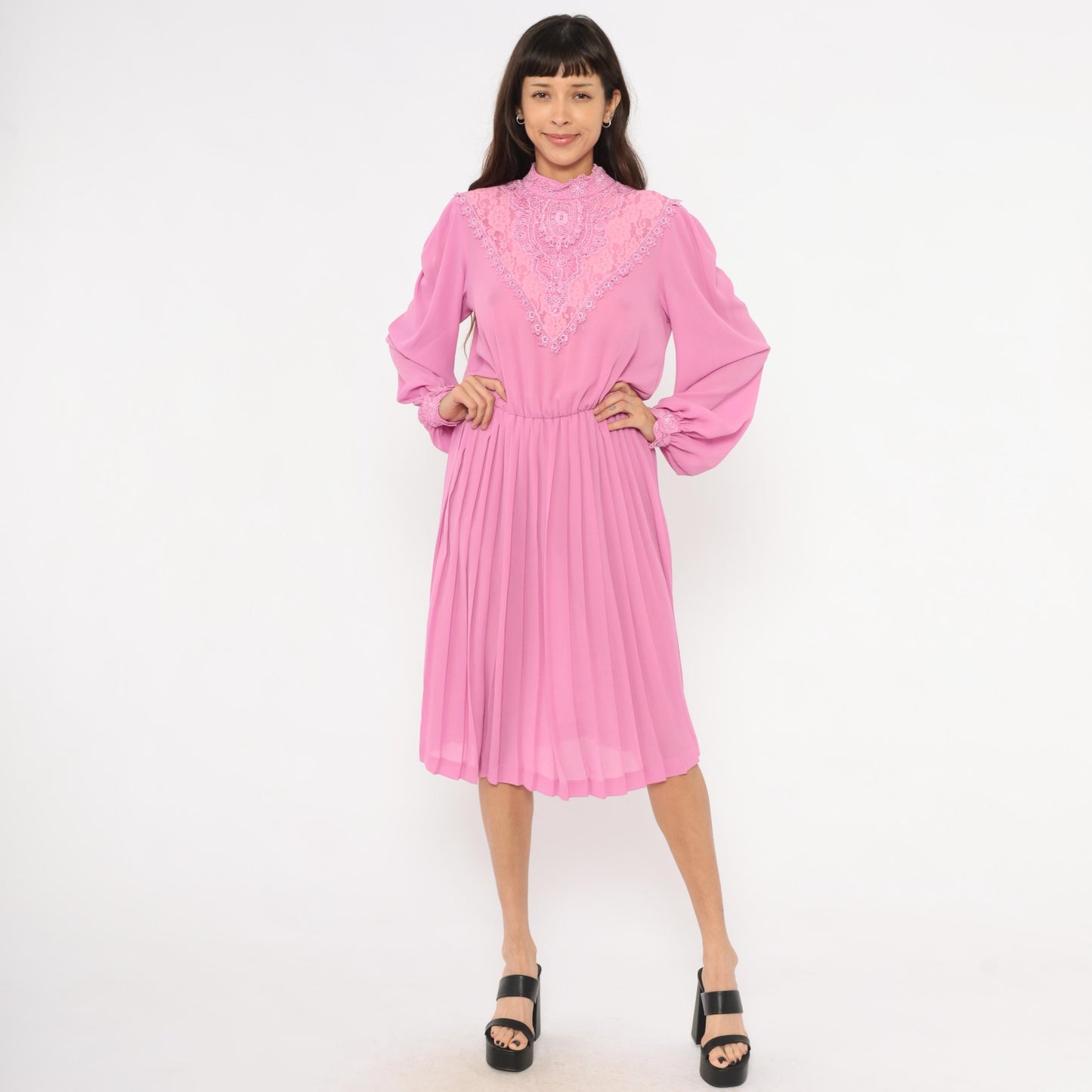 80s Rimini Pink Lace Bib Dress Bishop Sleeve Pleated Skirt Small Medium