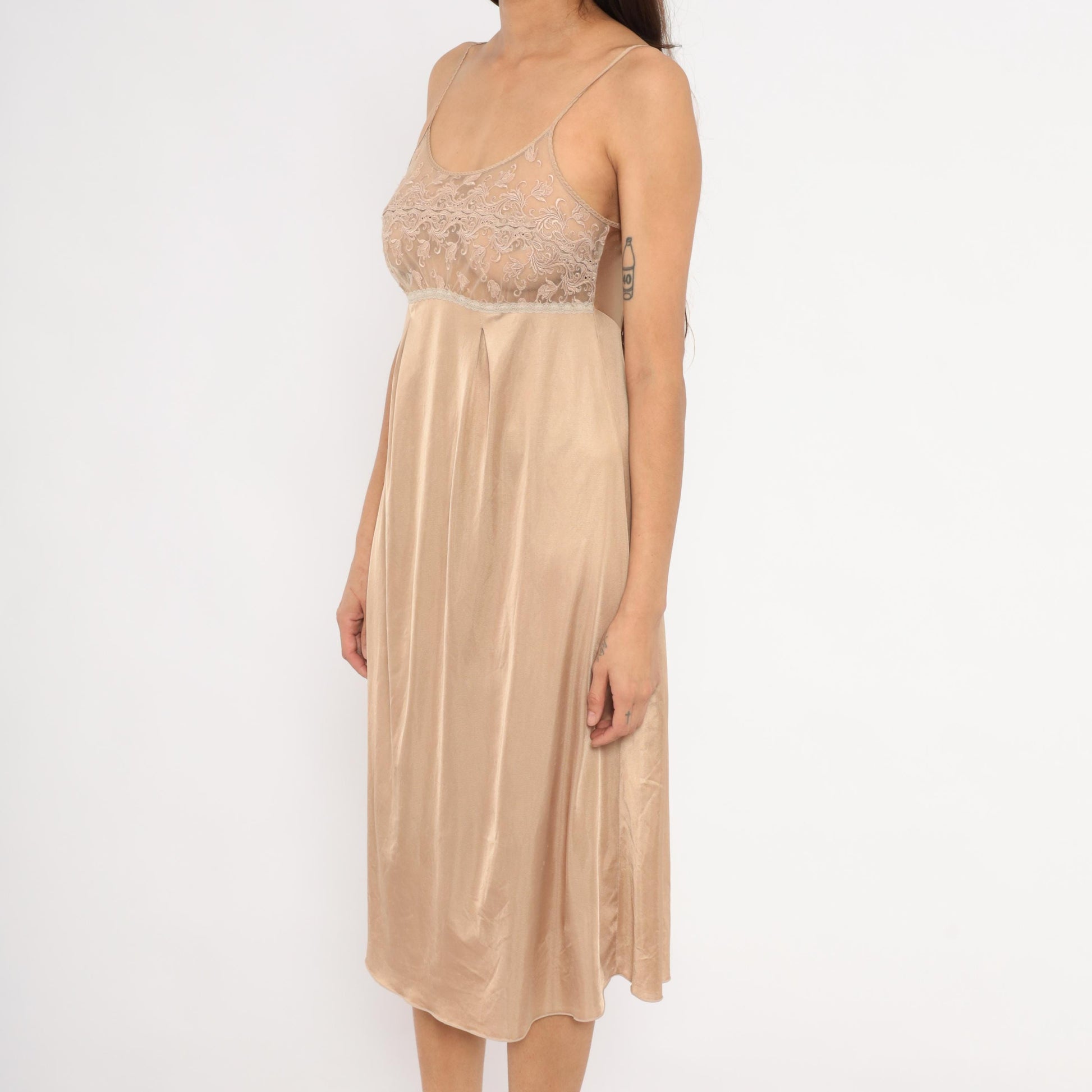 80s Bonny Nude Lace Slip Dress Champagne Satin Midi Empire Waist Small
