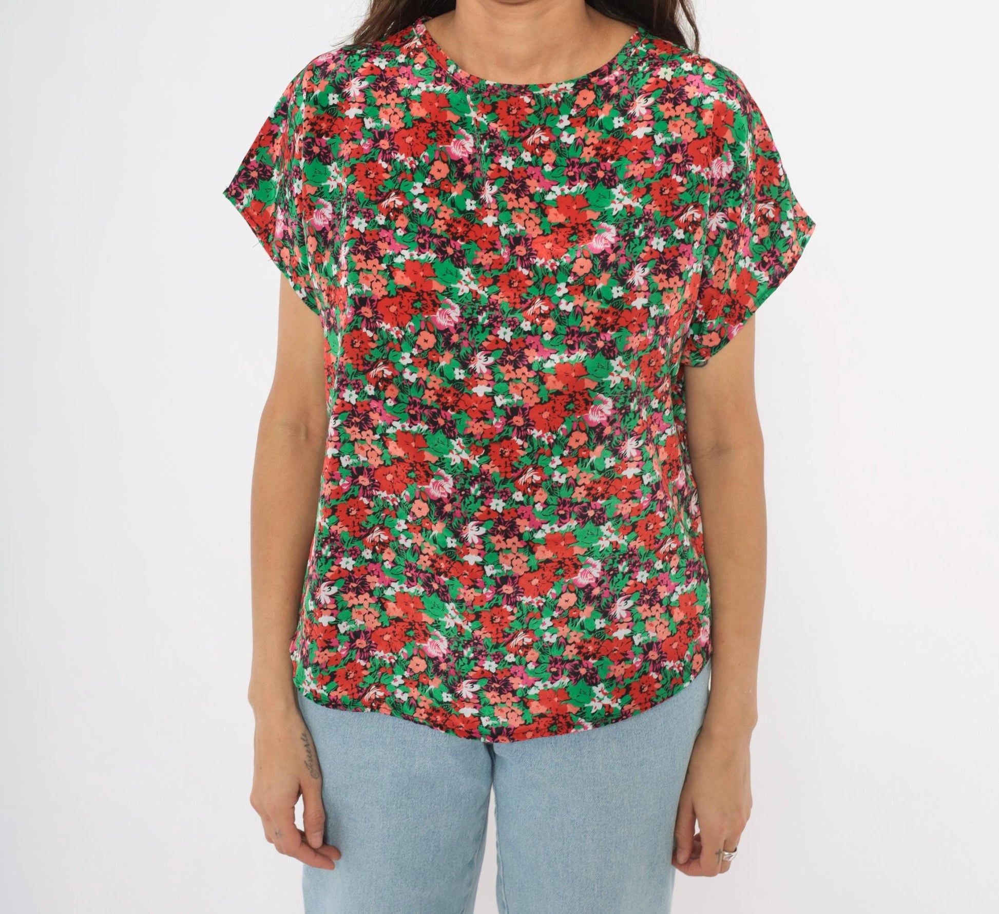 90s Jennifer Lloyd Floral Blouse Red Green Garden Print Cap Sleeve Medium