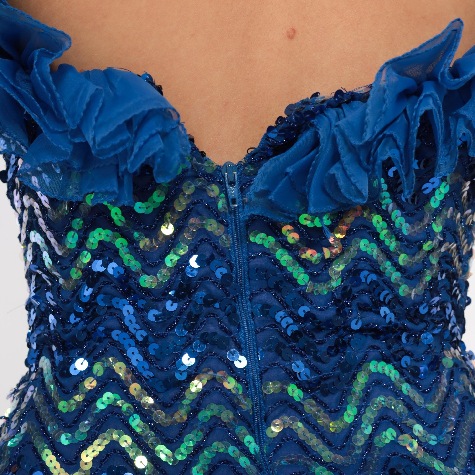 80s Cobalt Sequin Strapless Dress Chevron Sweetheart Corset Ruffle Extra Small XS