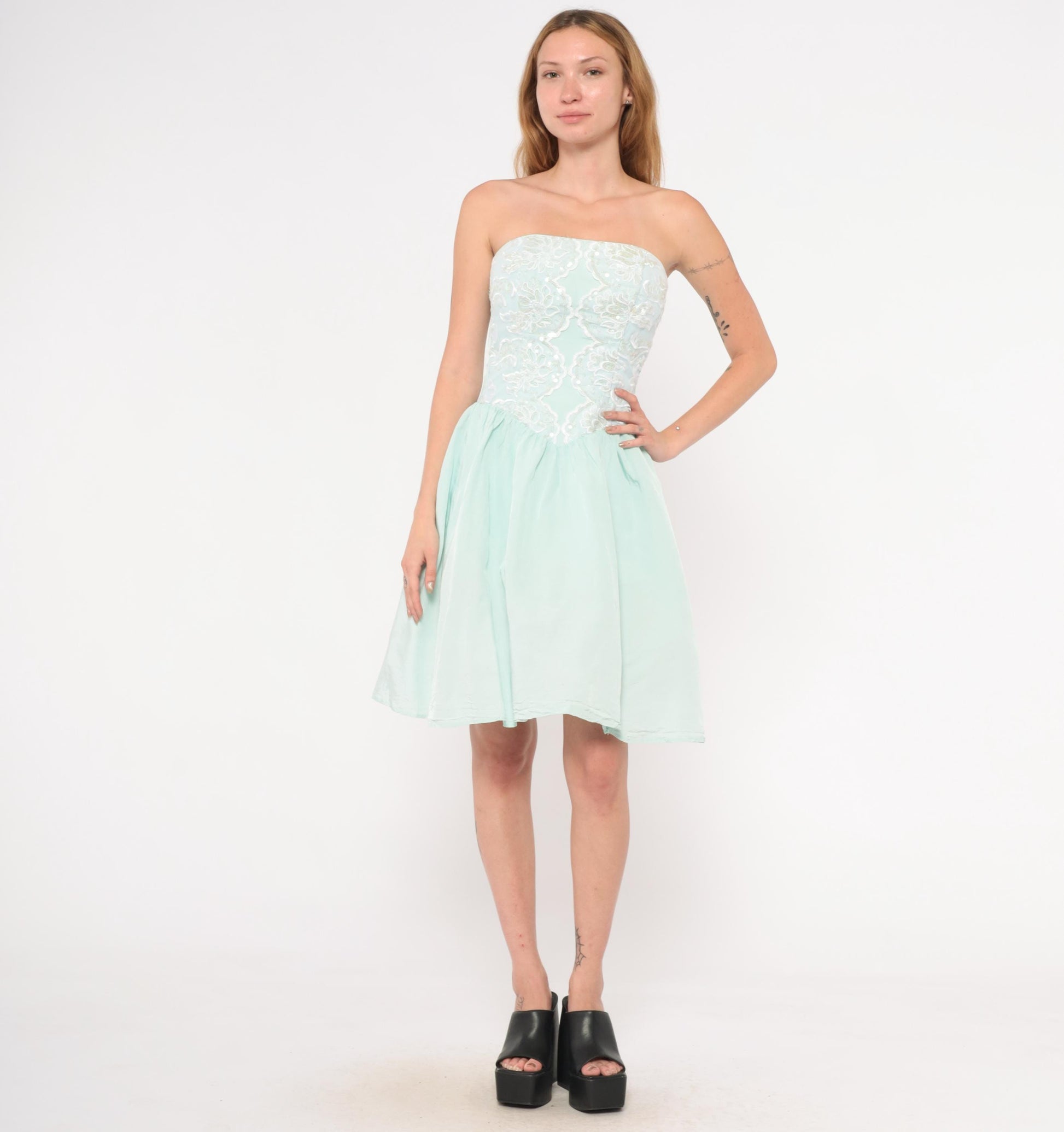 Gunne Sax 80s Mint Strapless Dress Sequin Lace Sweetheart Neckline Knee Length Extra Small XS
