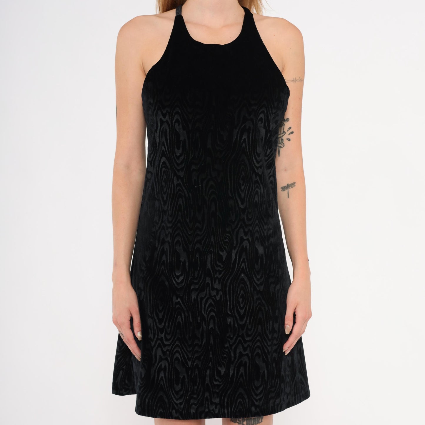 90s Mimosa Black Velvet Halter Mini Dress Swirl Pattern Small