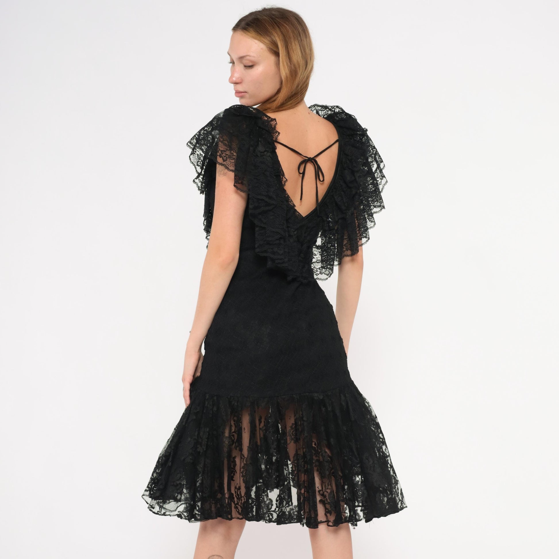 90s Lou Gene's Black Lace Dress Flutter Sleeve Open Back Knee-Length Small S