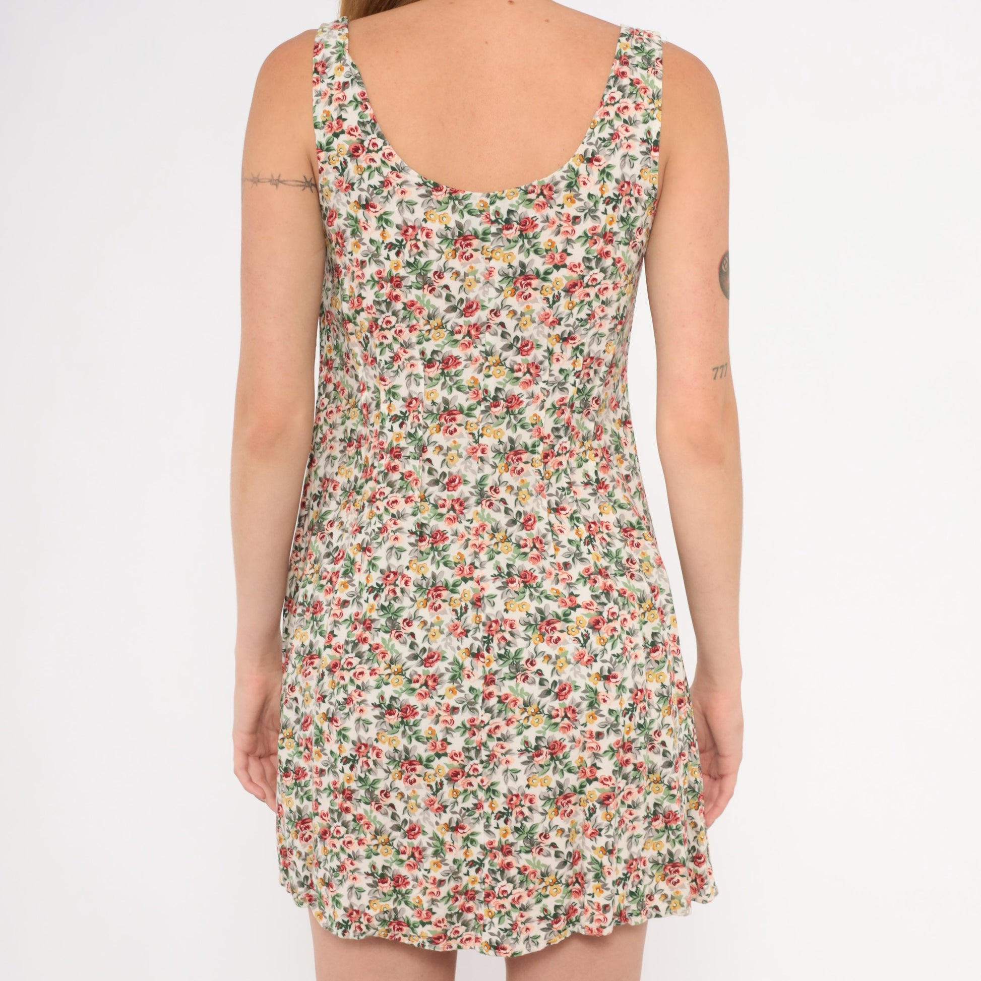 90s ViaMax Floral Mini Dress Button Front Tank Cream Rose Print Small S