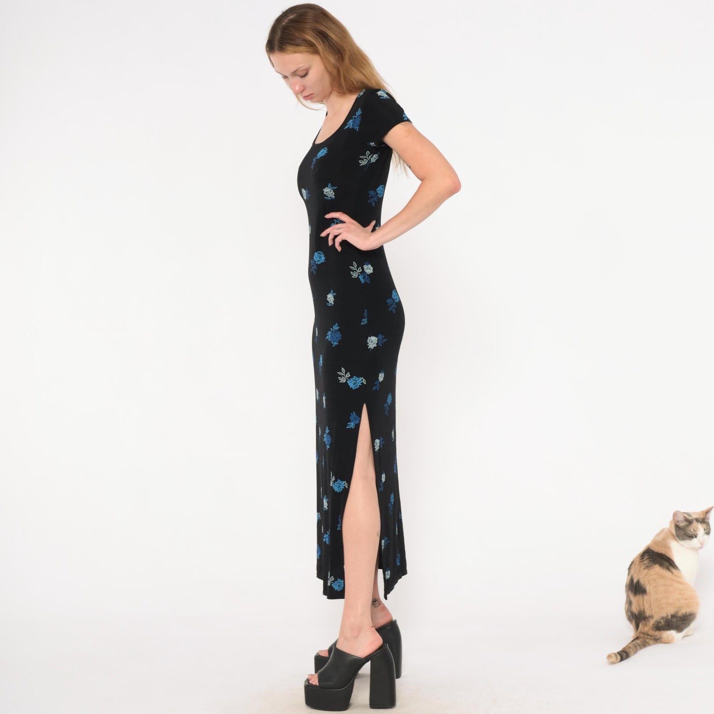 90s Jalate Black Floral Maxi Dress Blue Rose Print Side Slit Medium