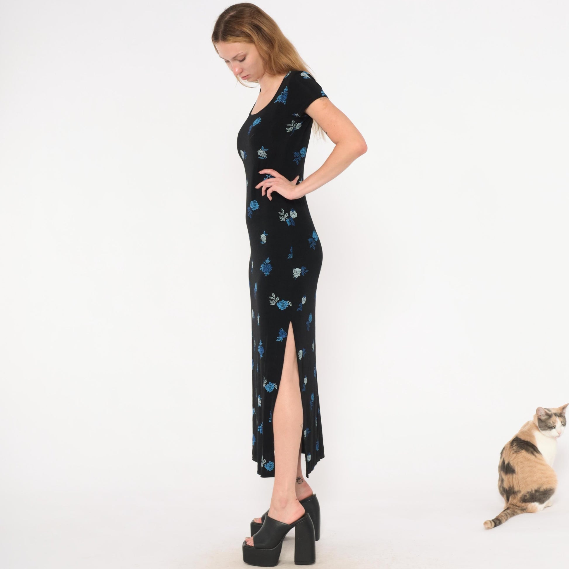 90s Jalate Black Floral Maxi Dress Blue Rose Print Side Slit Medium