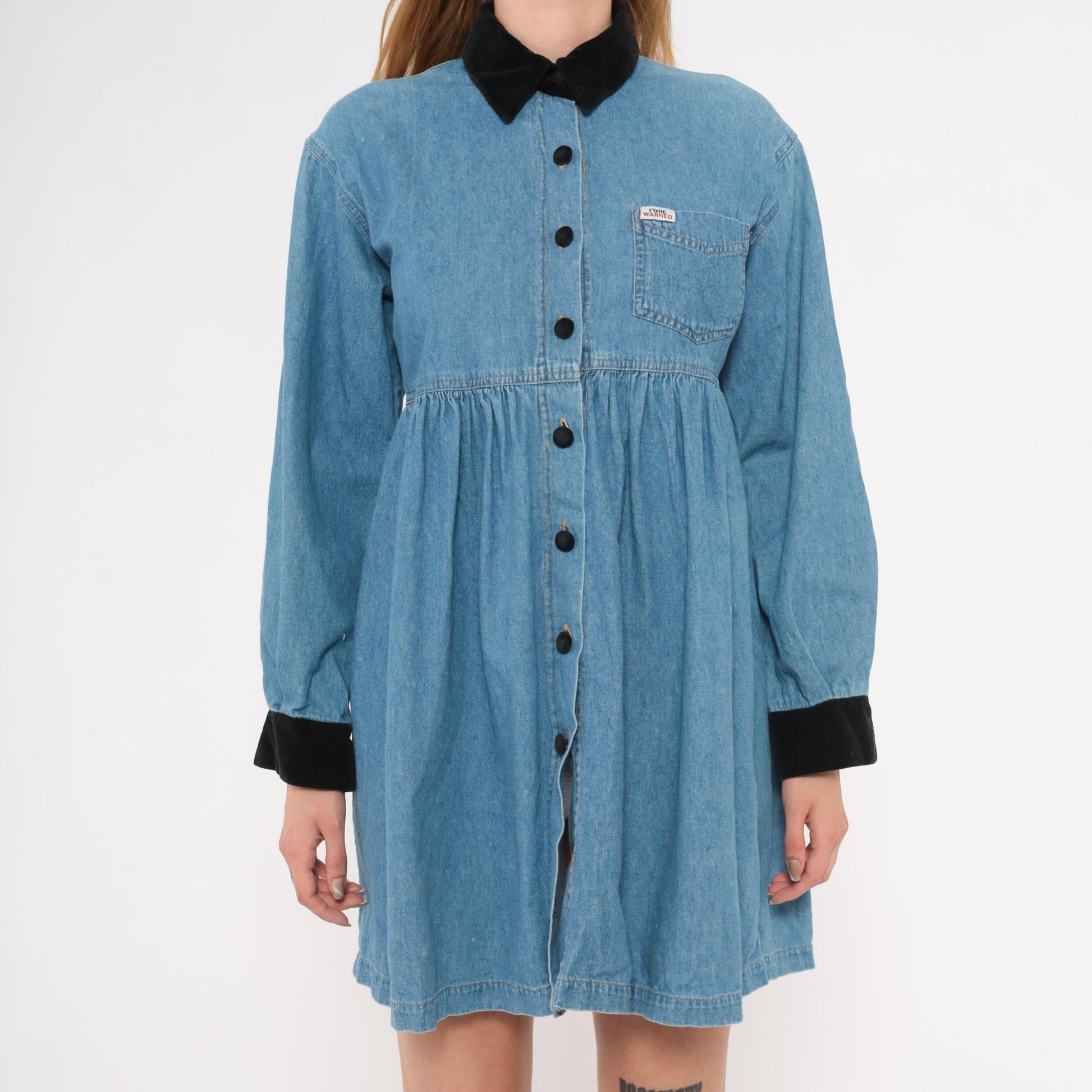 90s Forewarned Jeans Denim Babydoll Dress Black Velvet Collar Mini Small S