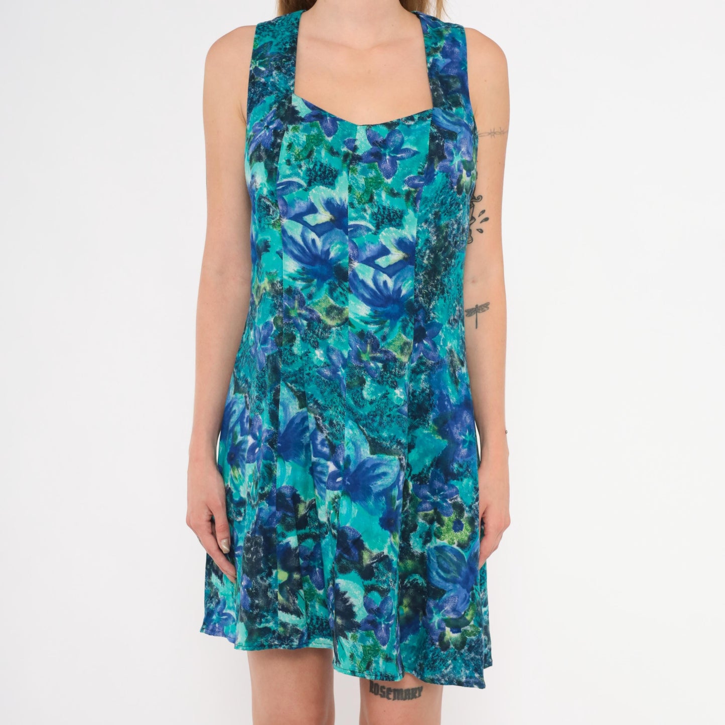 90s All That Jazz Floral Crossback Mini Dress Teal Sweetheart Neckline Small