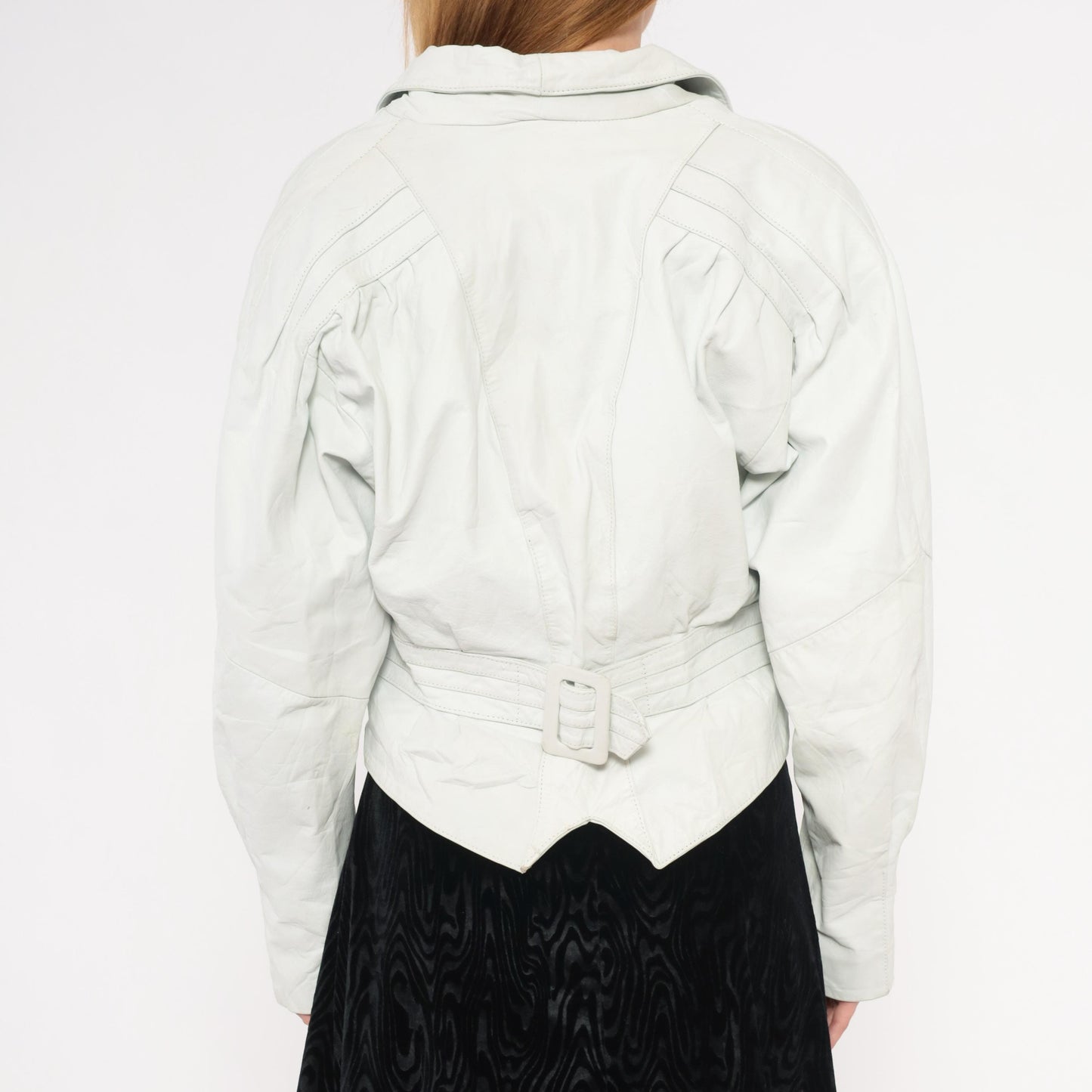 90s Chia Cropped Leather Jacket White Snap Front Batwing Sleeve Medium