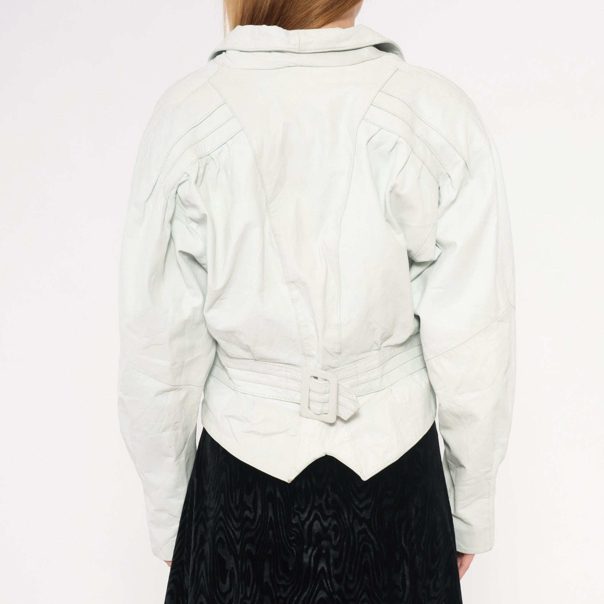 90s Chia Cropped Leather Jacket White Snap Front Batwing Sleeve Medium