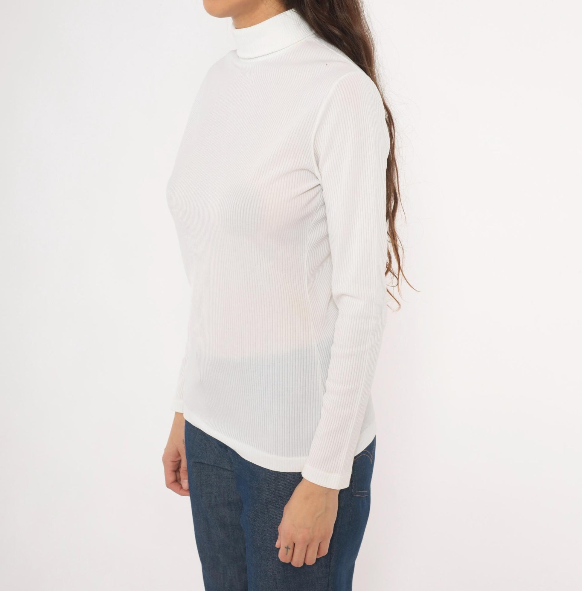 70s White Ribbed Mock Neck Top Long Sleeve Fitted Knit Zip Back Small