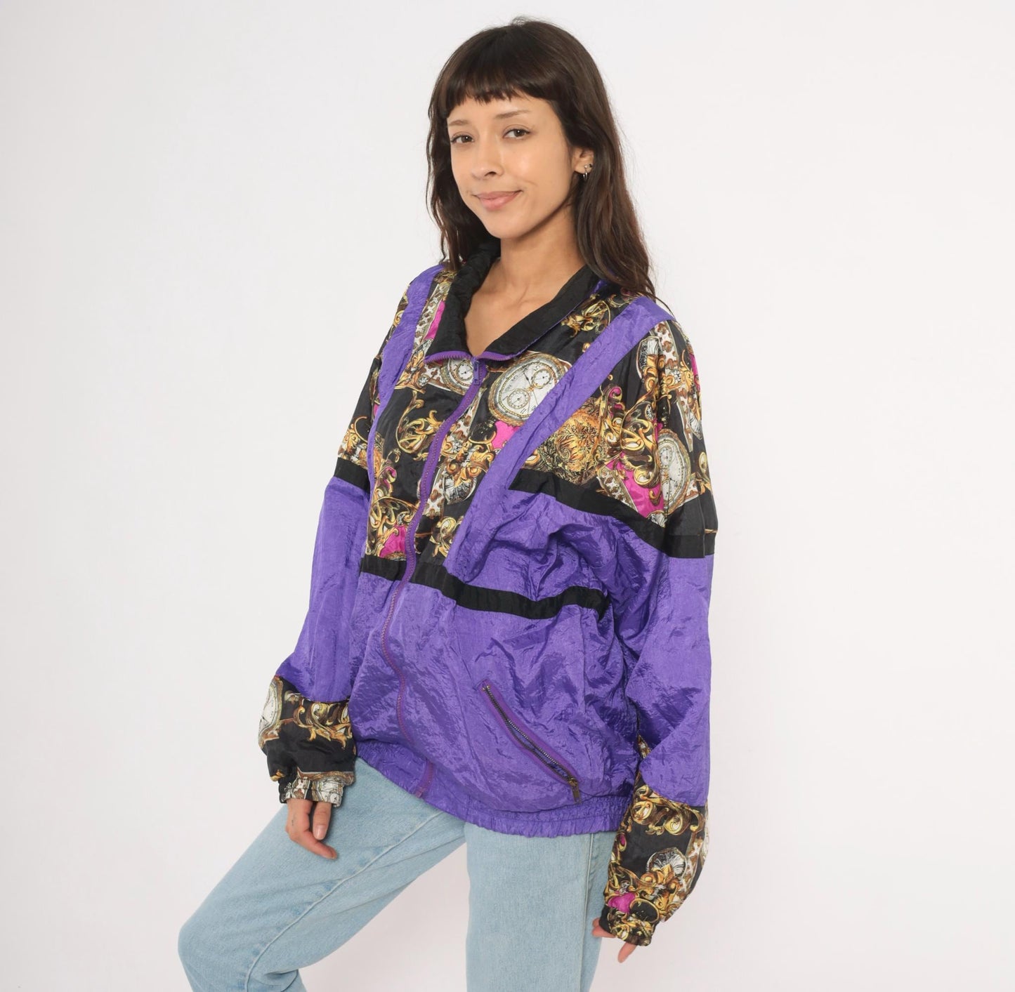90s Baroque Clock Windbreaker Purple Gold Pocket Watch Shell Jacket Medium