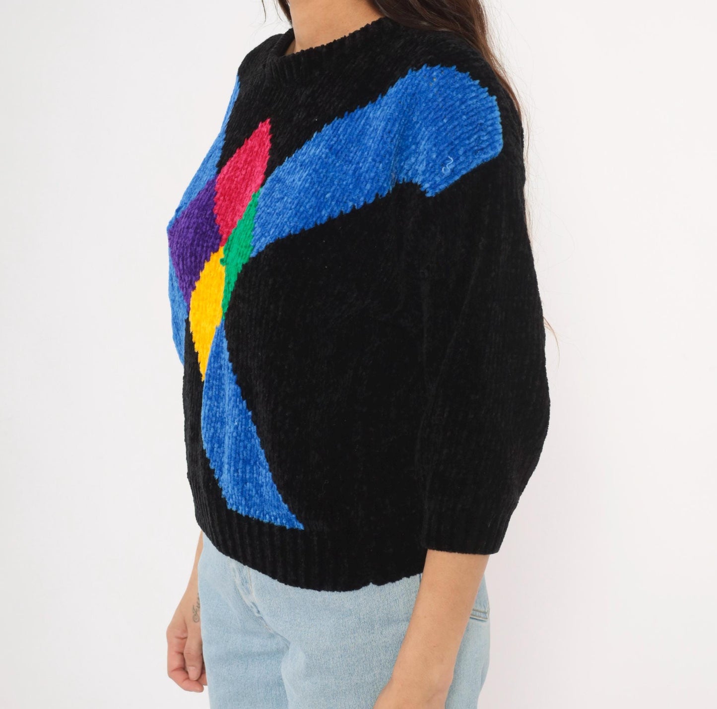 80s Cristina's Argyle Chenille Knit Pullover Black Multicolor Small