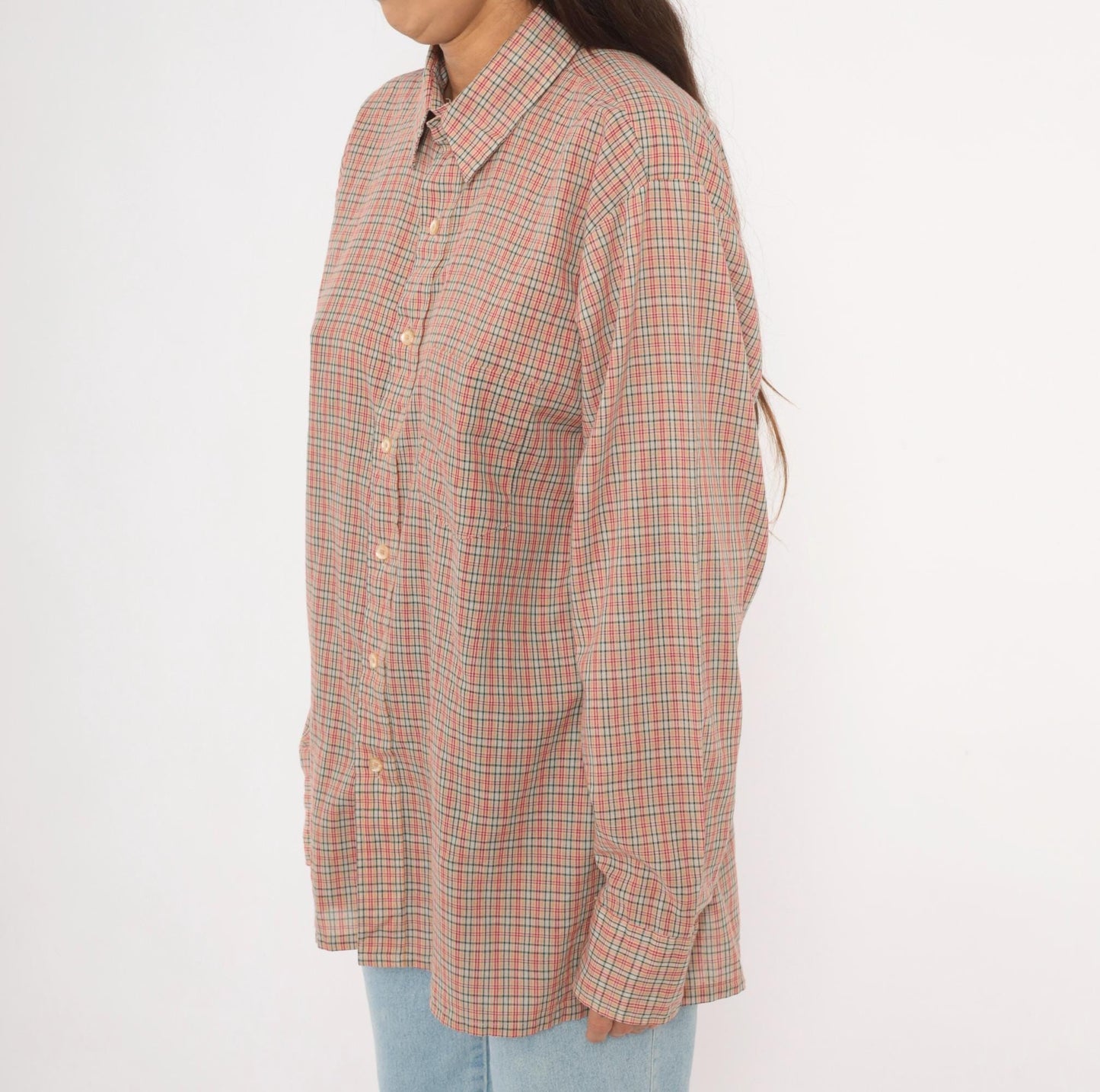 90s Plaid Button-Up Shirt Red Green Tan Check Cotton Point Collar Medium M