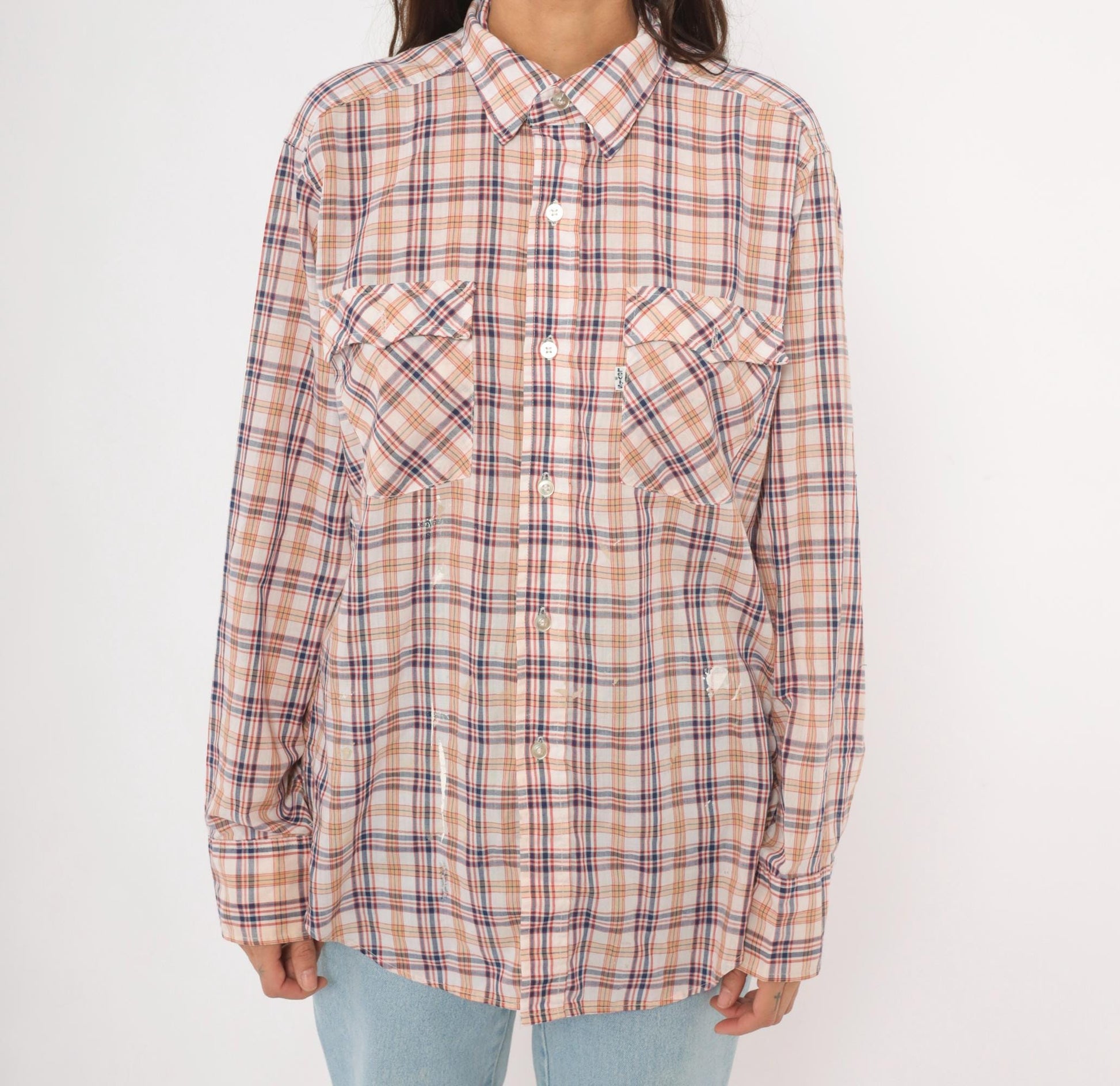 80s Levi Strauss Plaid Flannel Shirt White Navy Red Cotton Large L