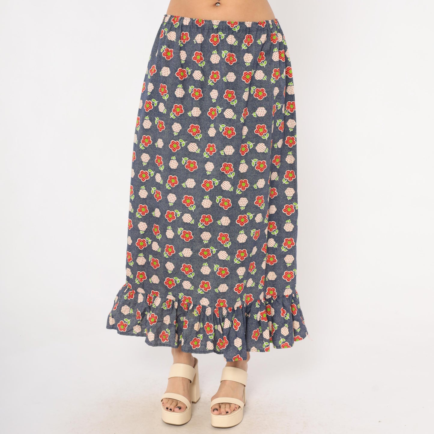 70s Navy Floral Maxi Skirt Strawberry Print Cotton Ruffle Hem Large L