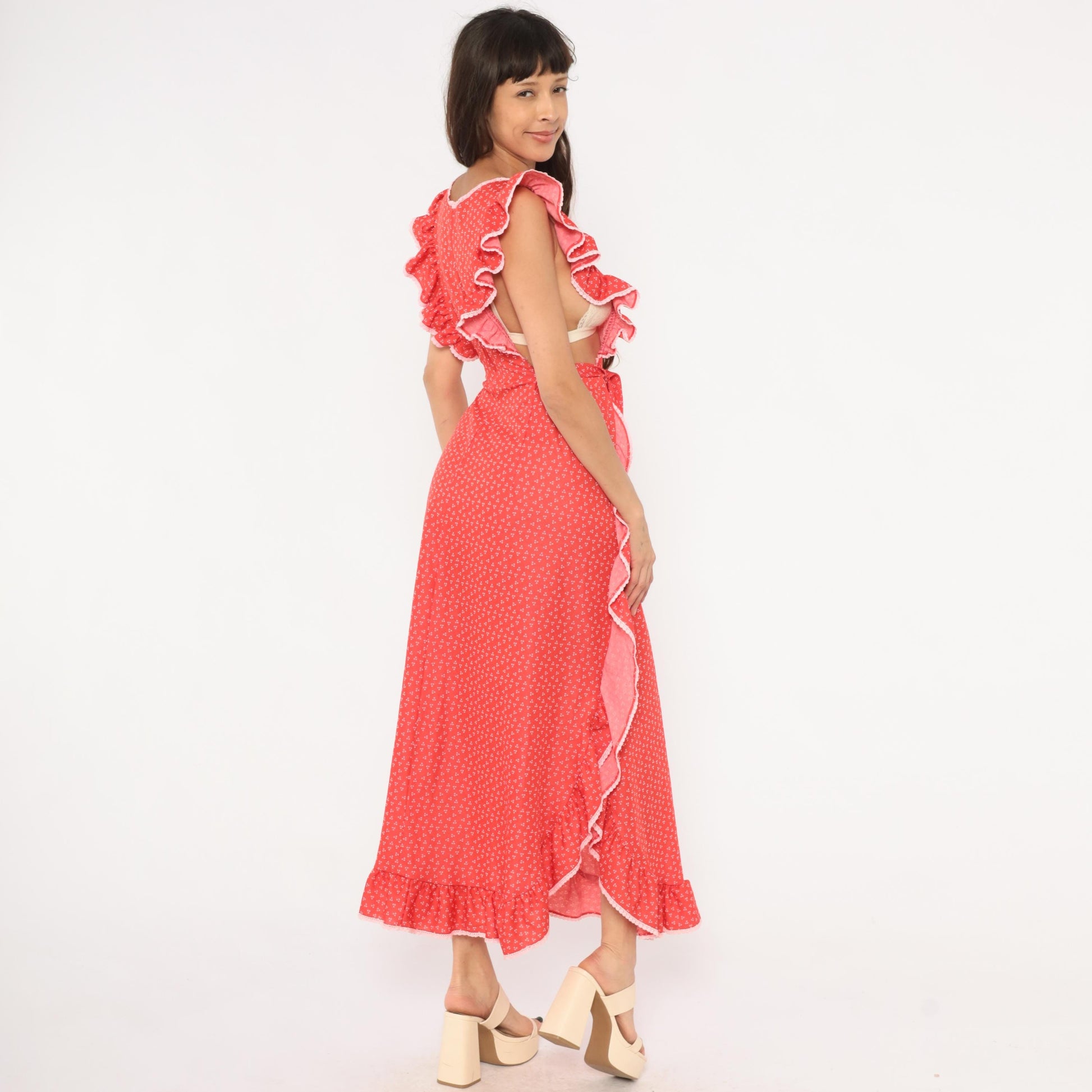 70s Gay Gibson Red Calico Maxi Dress Flutter Sleeve Lace Trim Small